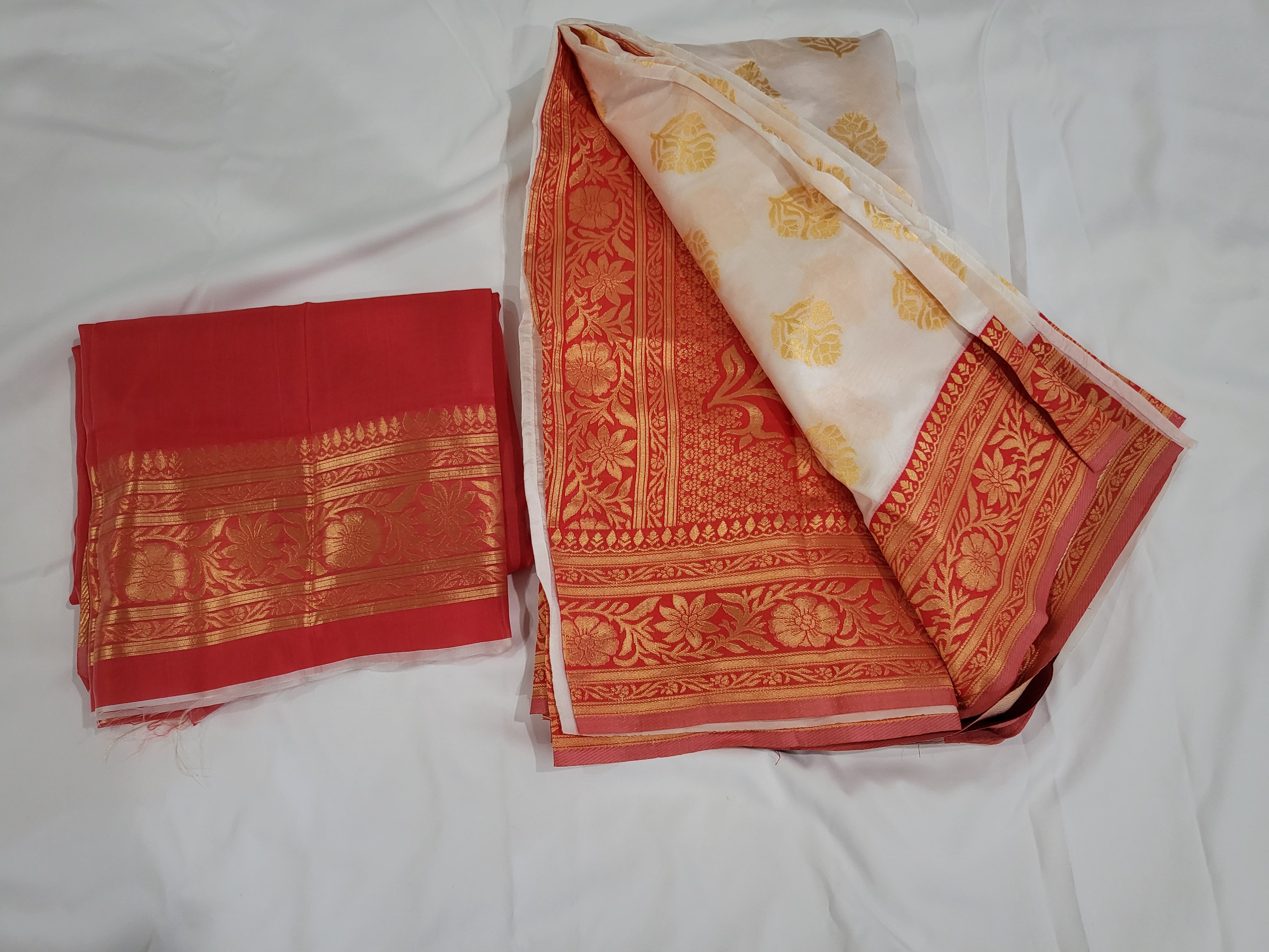 White Red Color- Soft Silk Blend Saree - Contrast Red Border - Yellow thread Floral Design