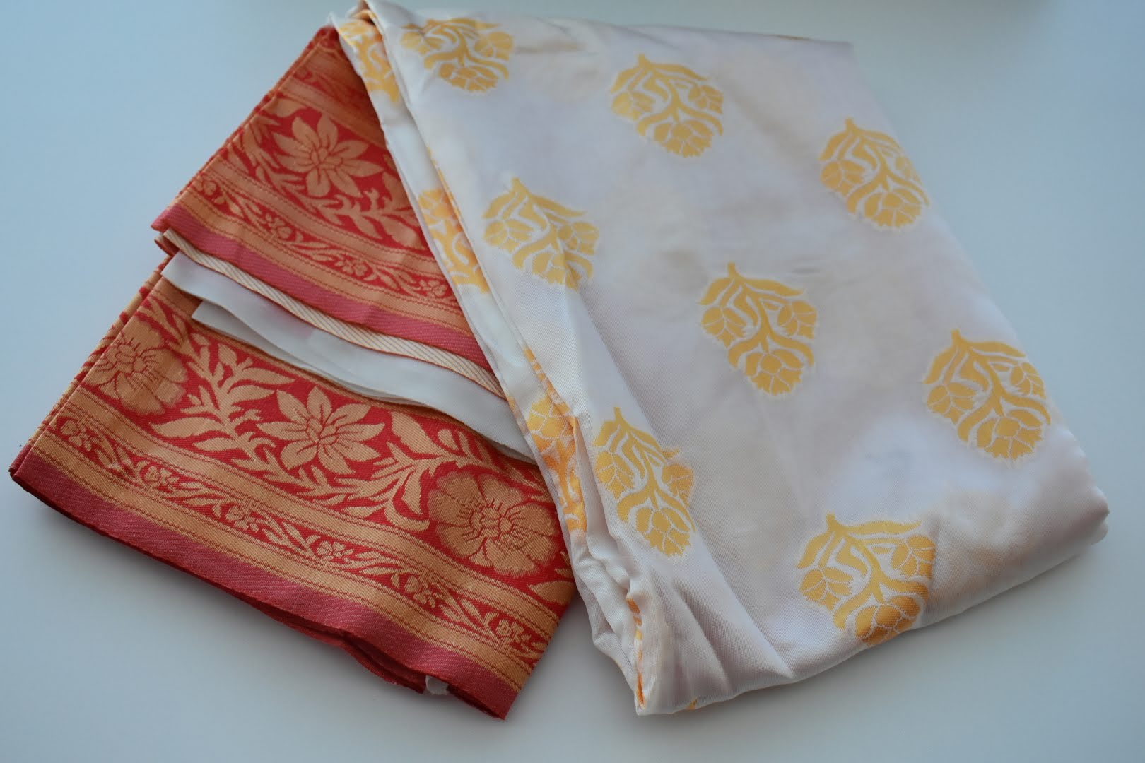 White Red Color- Soft Silk Blend Saree - Contrast Red Border - Yellow thread Floral Design