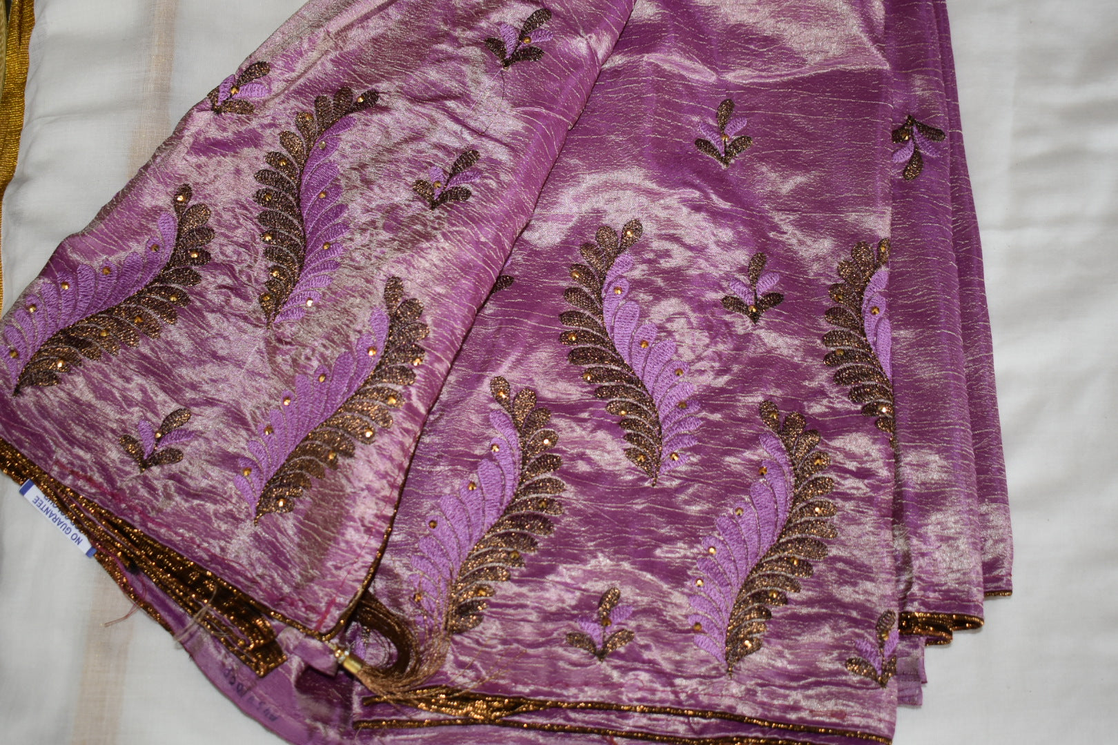 Lilac Purple Semi Silk saree Soft Fabric with dark gold Resham Embroidery