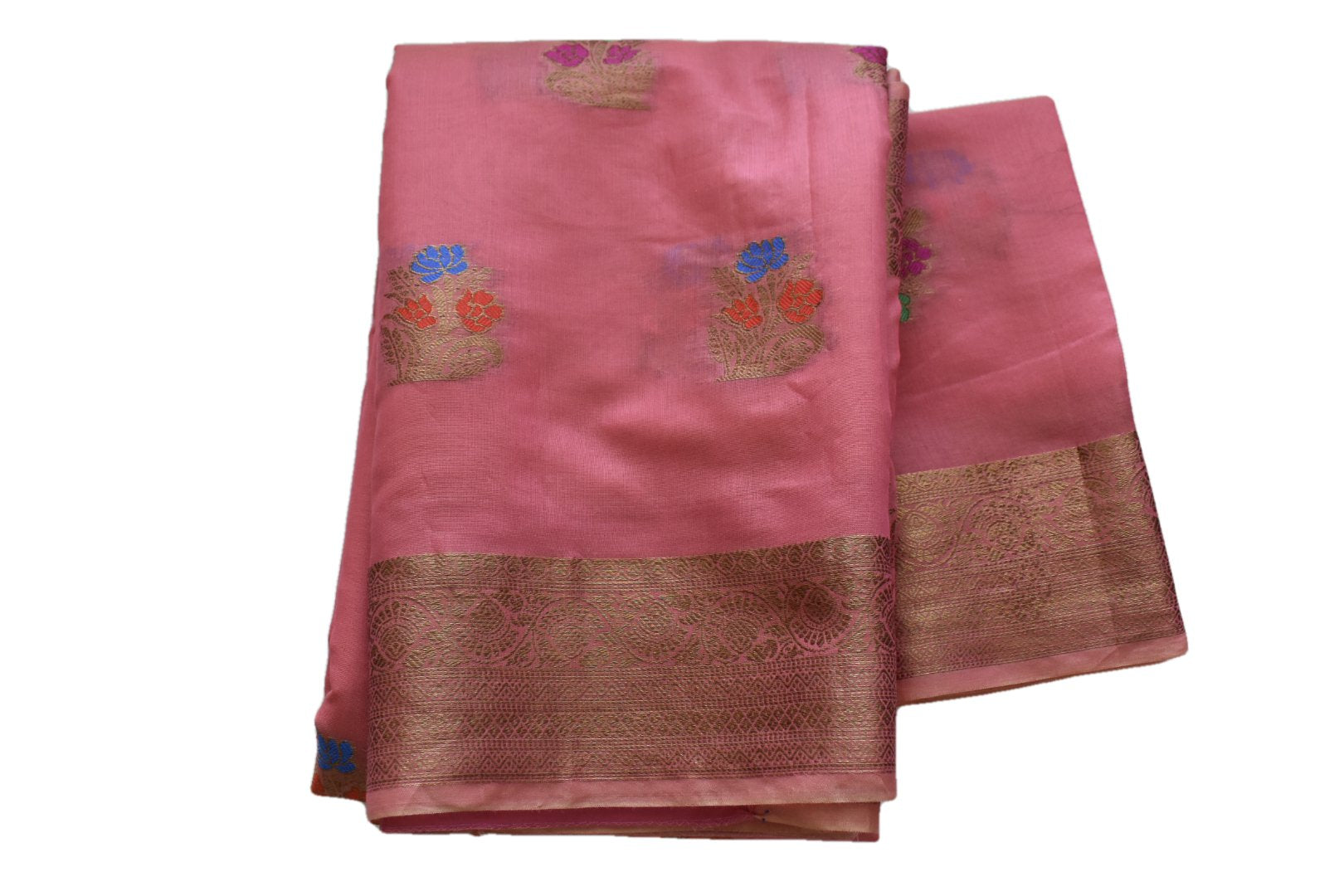 Pink Color - Silk Cotton Handloom Saree Gold Silk Thread work