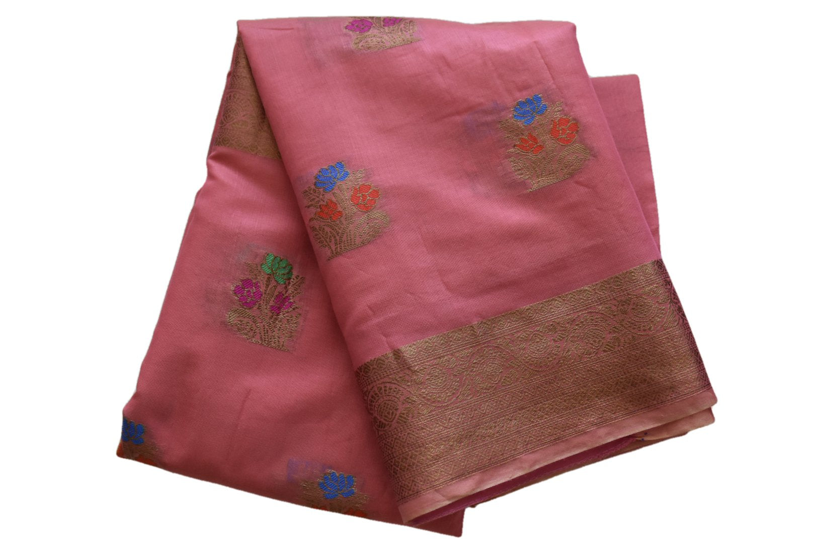 Pink Color - Silk Cotton Handloom Saree Gold Silk Thread work
