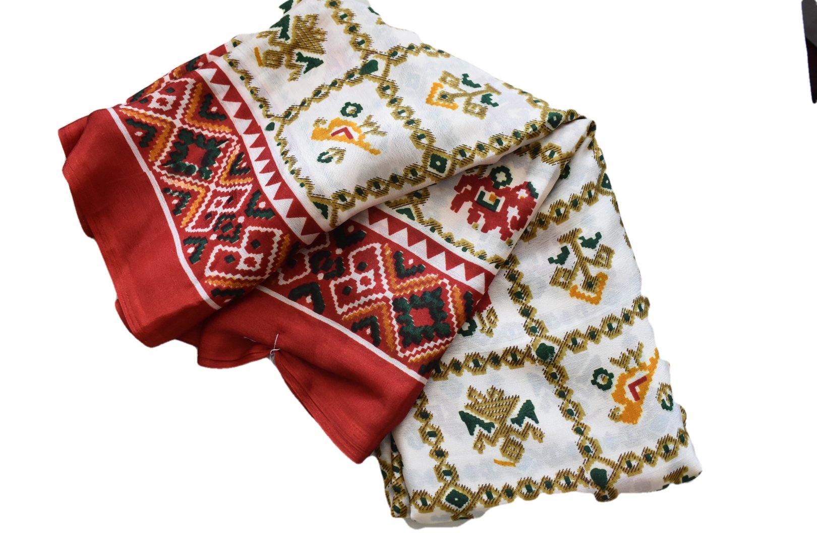 Cream Red Color - Georgette Saree - Patola Pattern Printed - Contrast Border