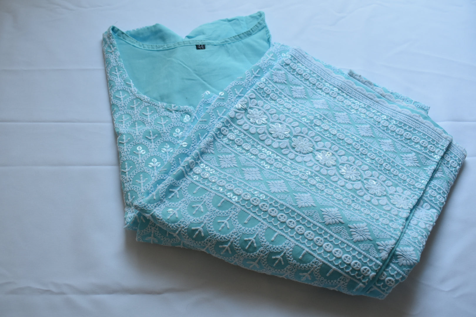 Light Blue Color - Poly Cotton Chicken work and Sequin work Kurti - Size Small/Medium - 30/32 Junior size. Big Girls size - 18 plus