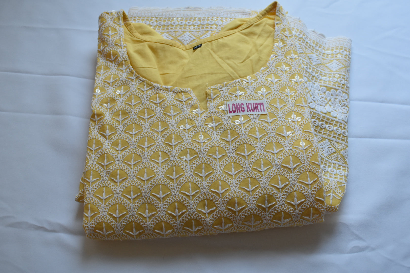Light Yellow Color - Poly Cotton Chicken work and Sequin work Kurti - Size Small/Medium - 30/32 Junior size. Big Girls size - 18 plus
