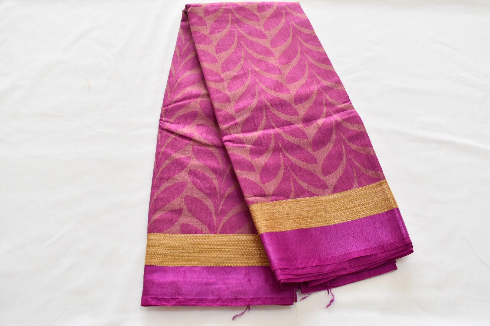 Purple Color - Silk Saree Organza Saree - Leaf Pattern and Dark Gold Border