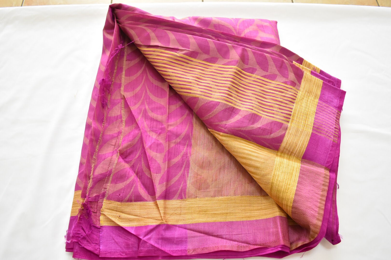 Purple Color - Silk Saree Organza Saree - Leaf Pattern and Dark Gold Border