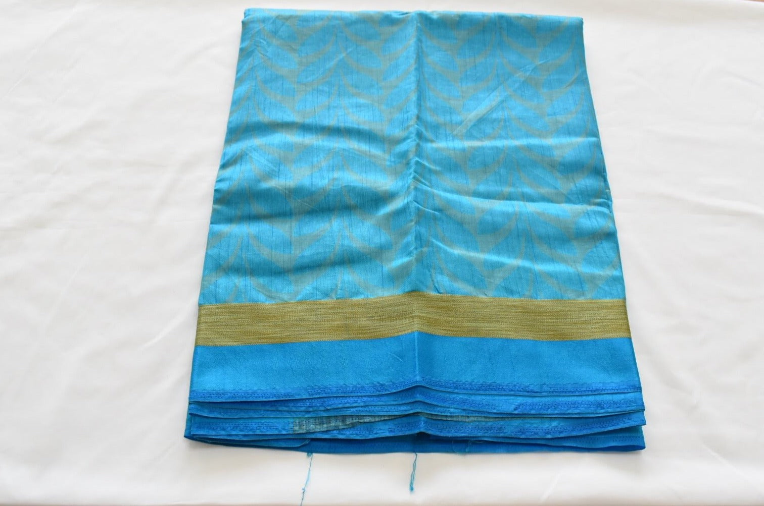 Blue Color - Silk Organza Saree - Leaf Pattern and Gold Thread Border
