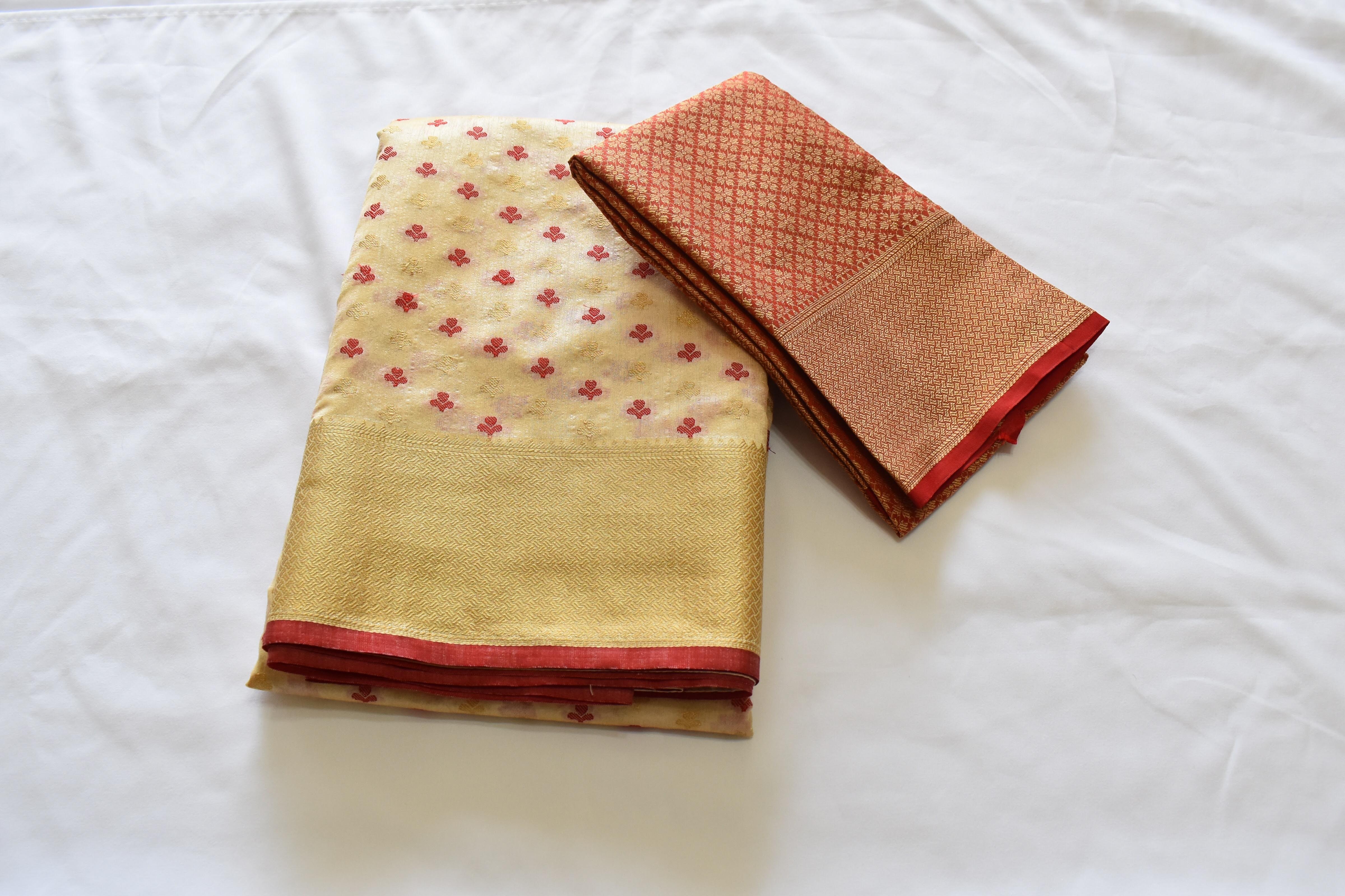 Cream Red Color - Chandheri Silk Saree - Silk Zari And Thread - Modern Small Motif pattern