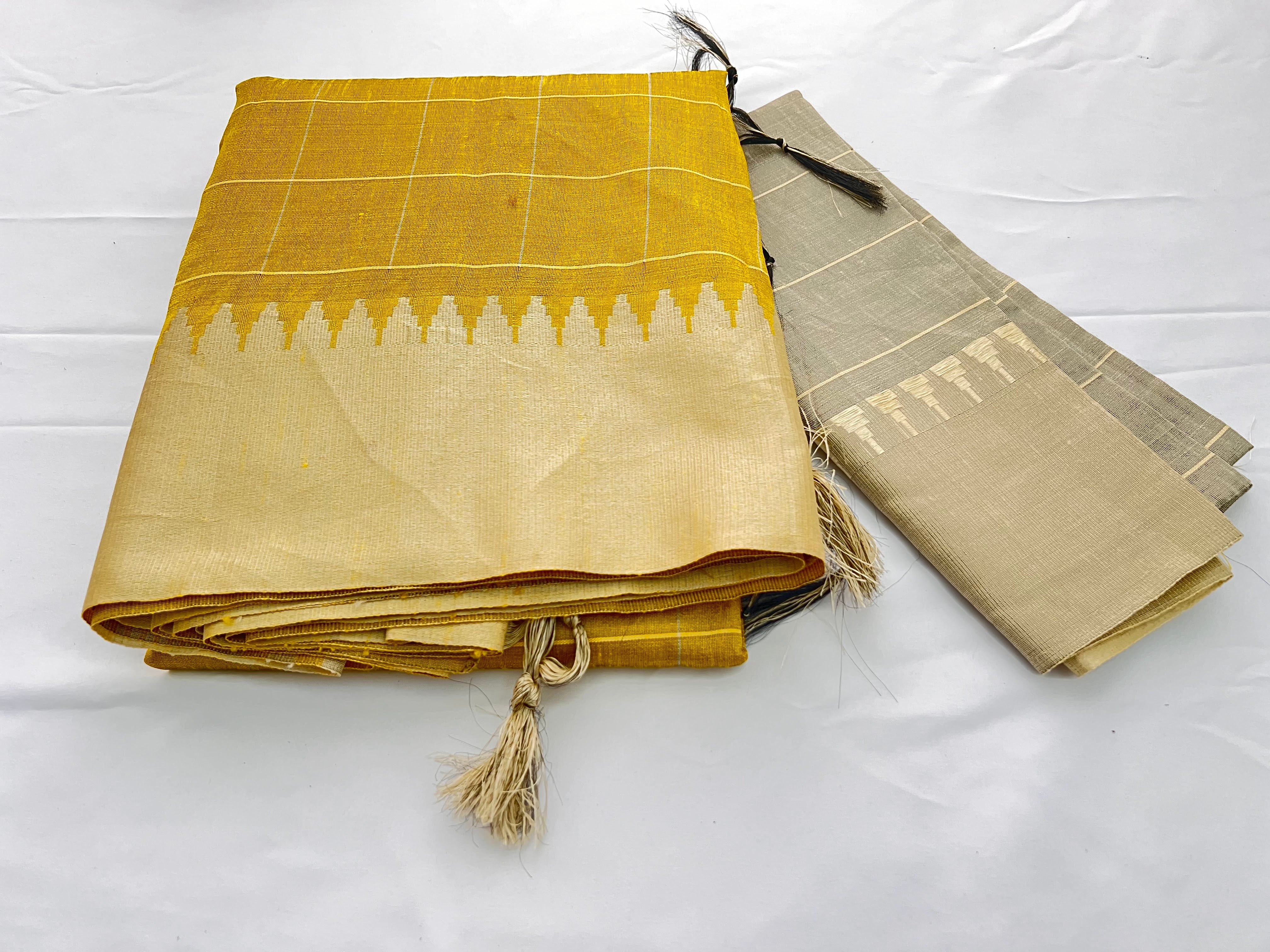 Yellow Color - Raw Silk, Silk Saree with Tassels