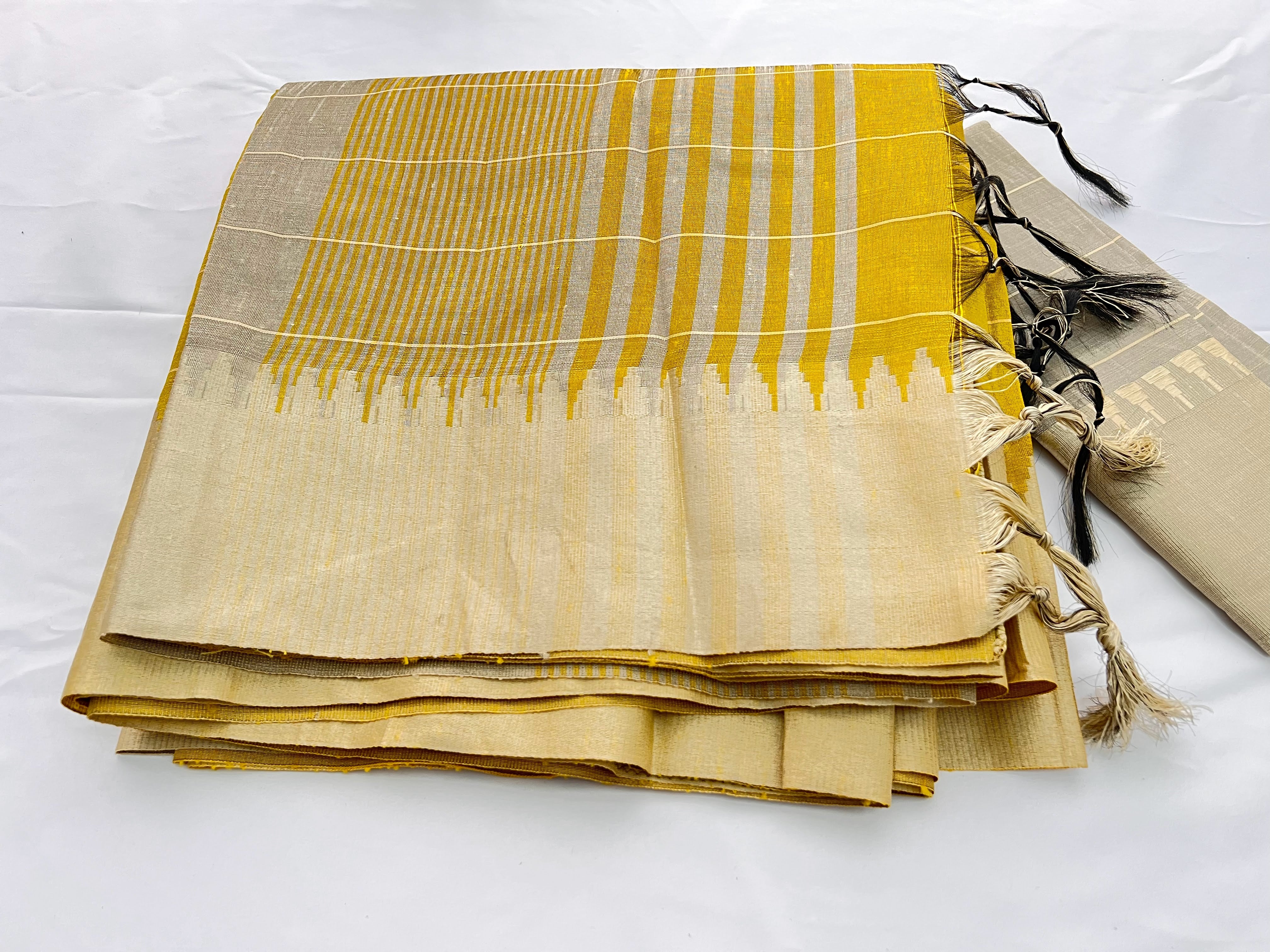 Yellow Color - Raw Silk, Silk Saree with Tassels