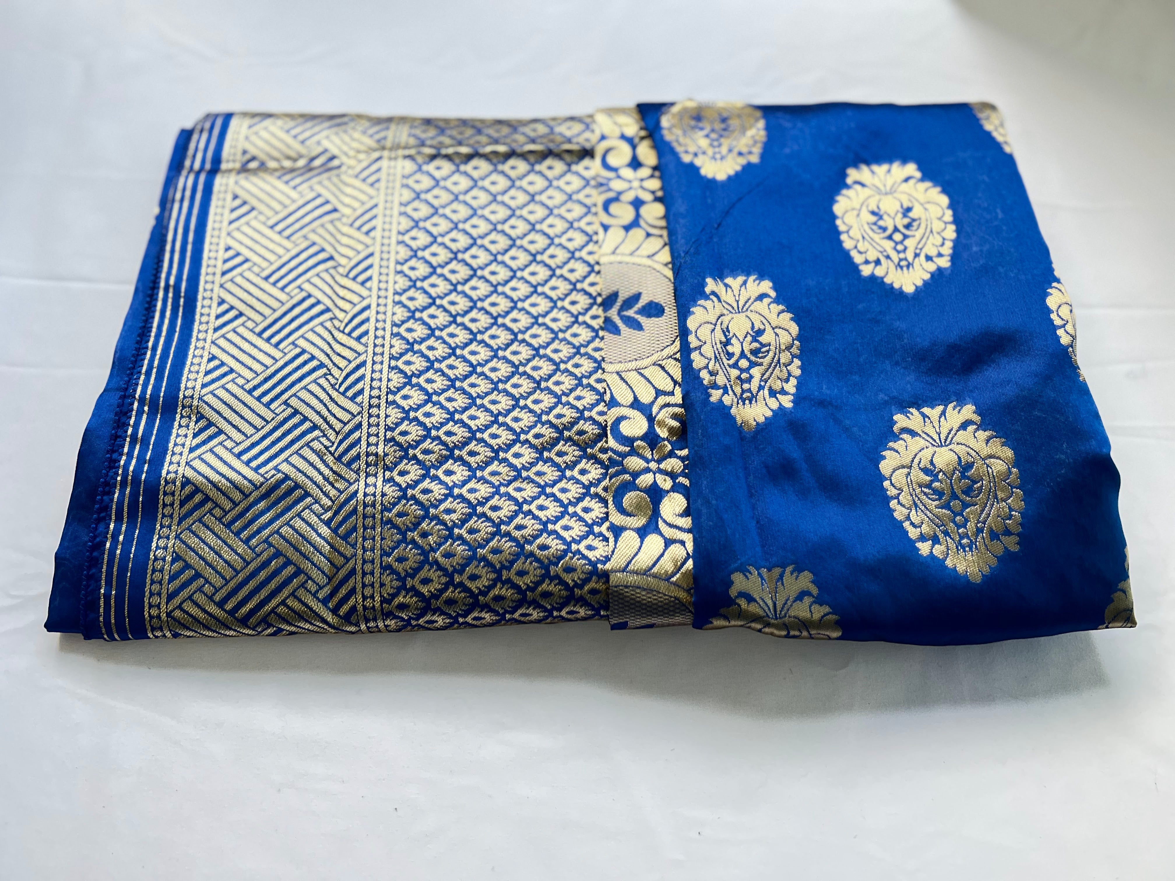 Blue Color - Light Weight Banaras Silk Saree, Gold Floral Design