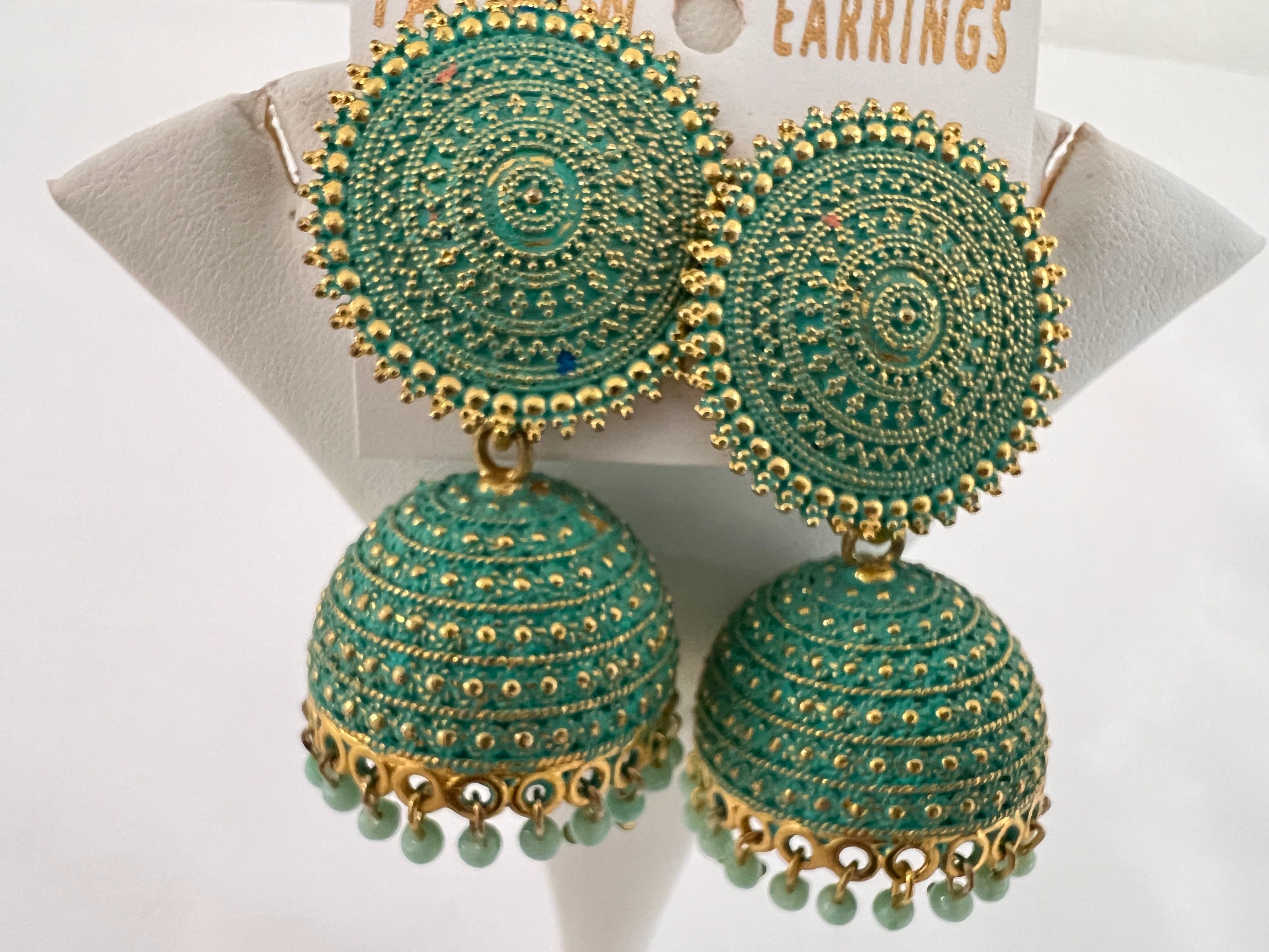 Enamel Artizan Earrings - Green Gold Color Jhumki Earrings
