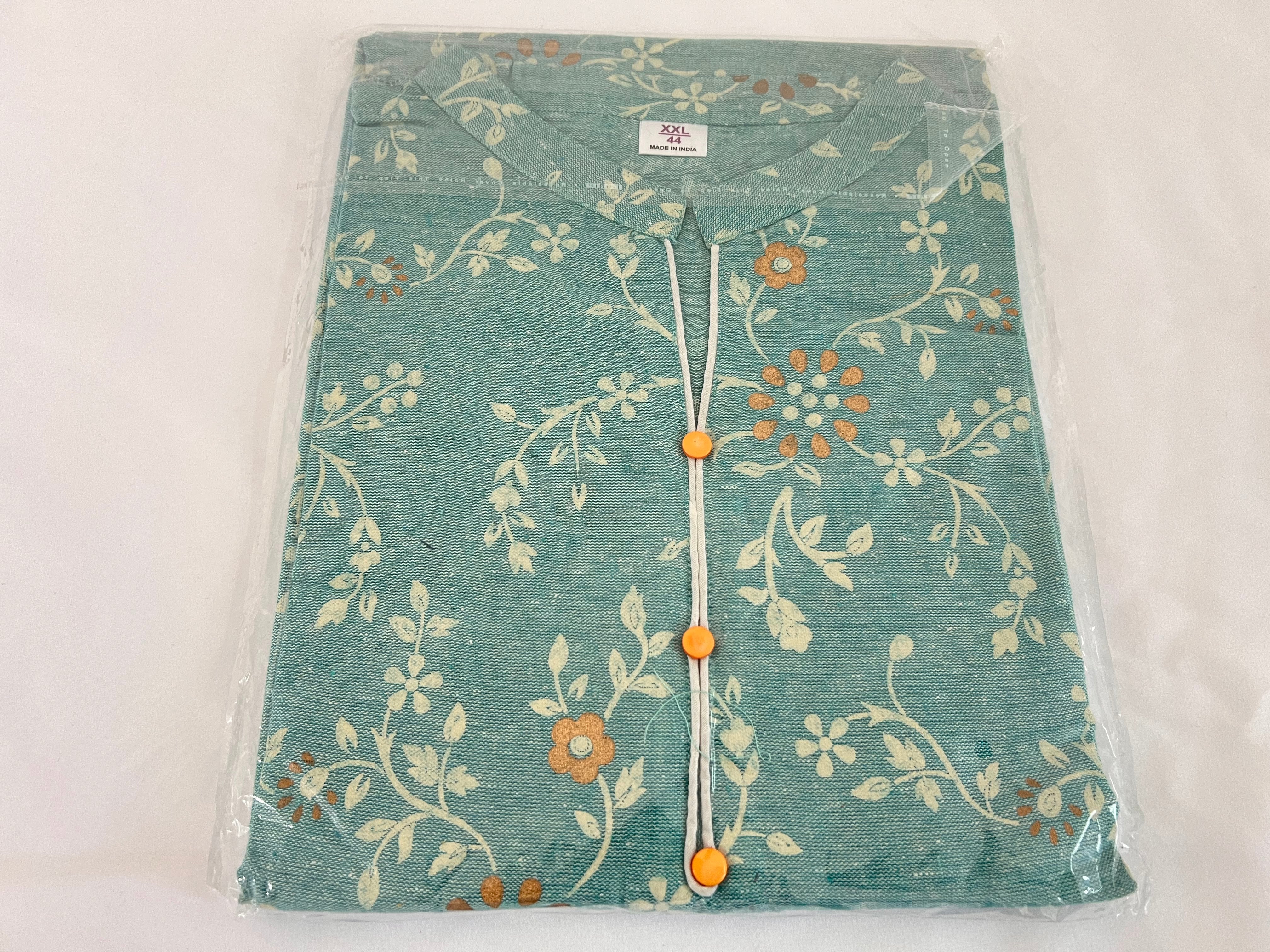 Cotton Printed Tunic Kurti - Straight Style - Knee Length - Light Greenish Blue Color Large