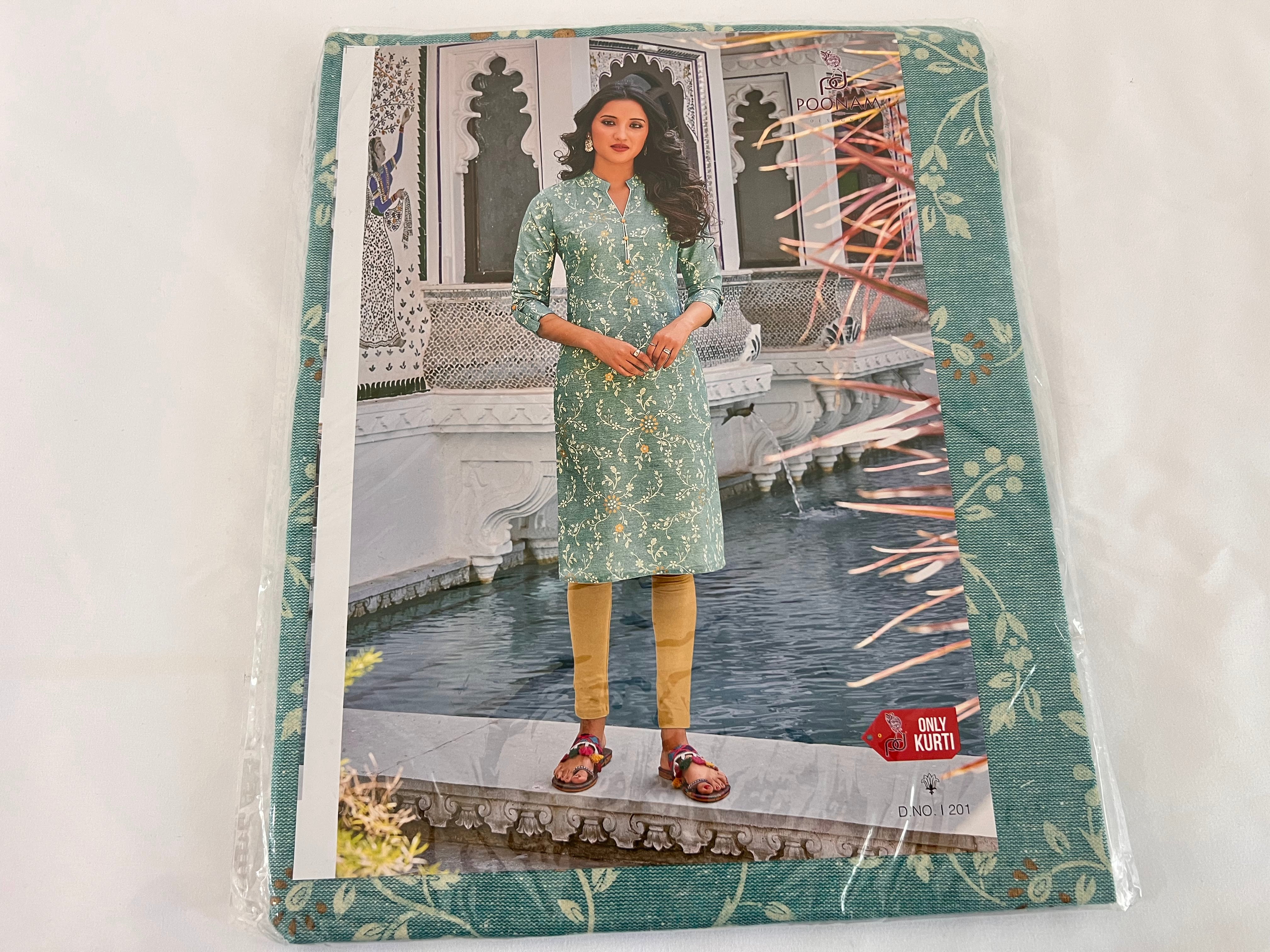 Cotton Printed Tunic Kurti - Straight Style - Knee Length - Light Greenish Blue Color Large