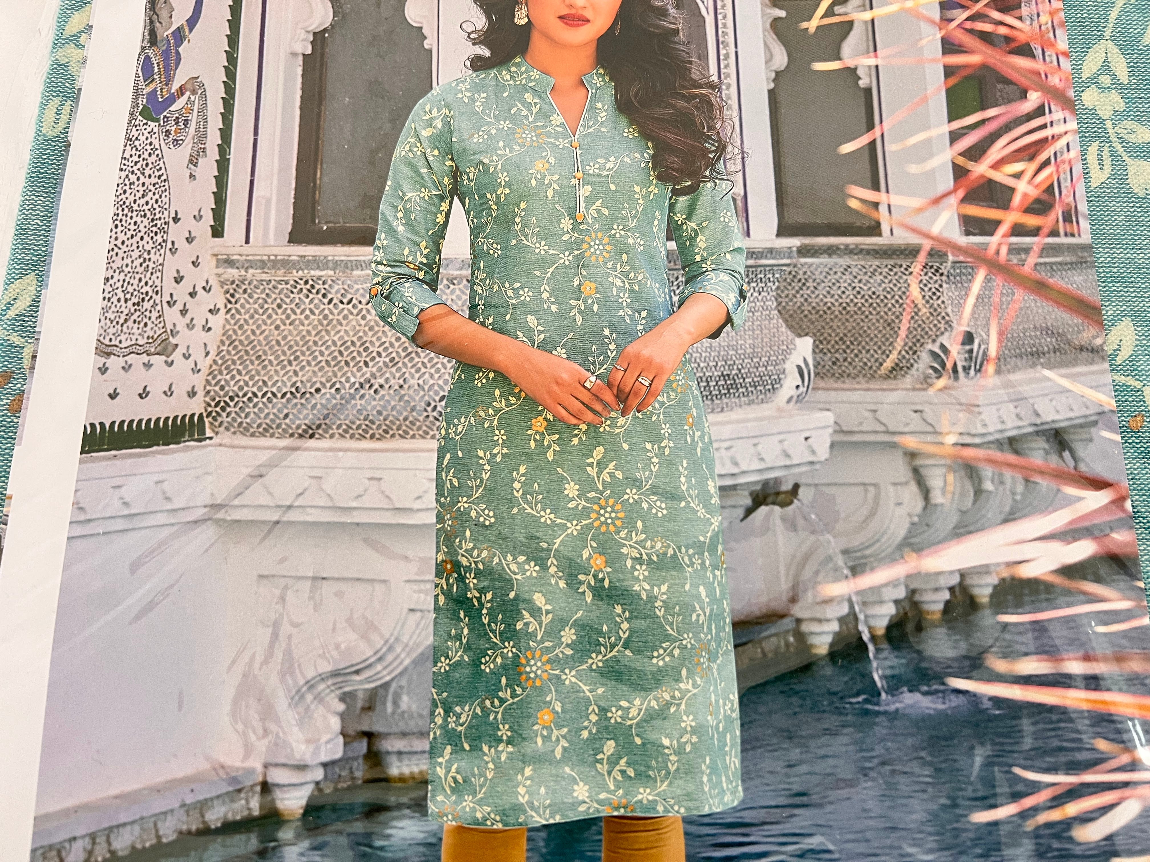 Cotton Printed Tunic Kurti - Straight Style - Knee Length - Light Greenish Blue Color Large