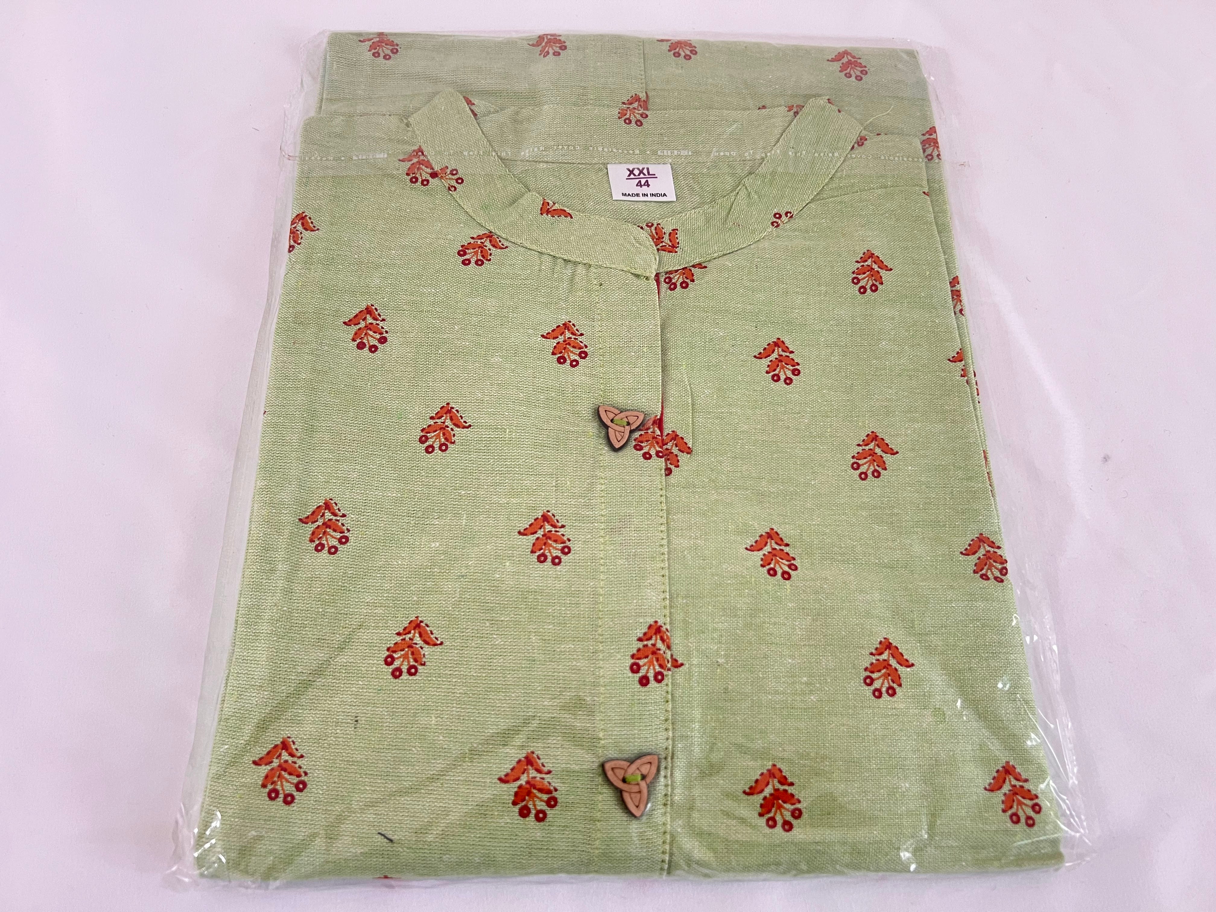 Cotton Printed Tunic Kurti - Straight Style - Knee Length - Green Color Large