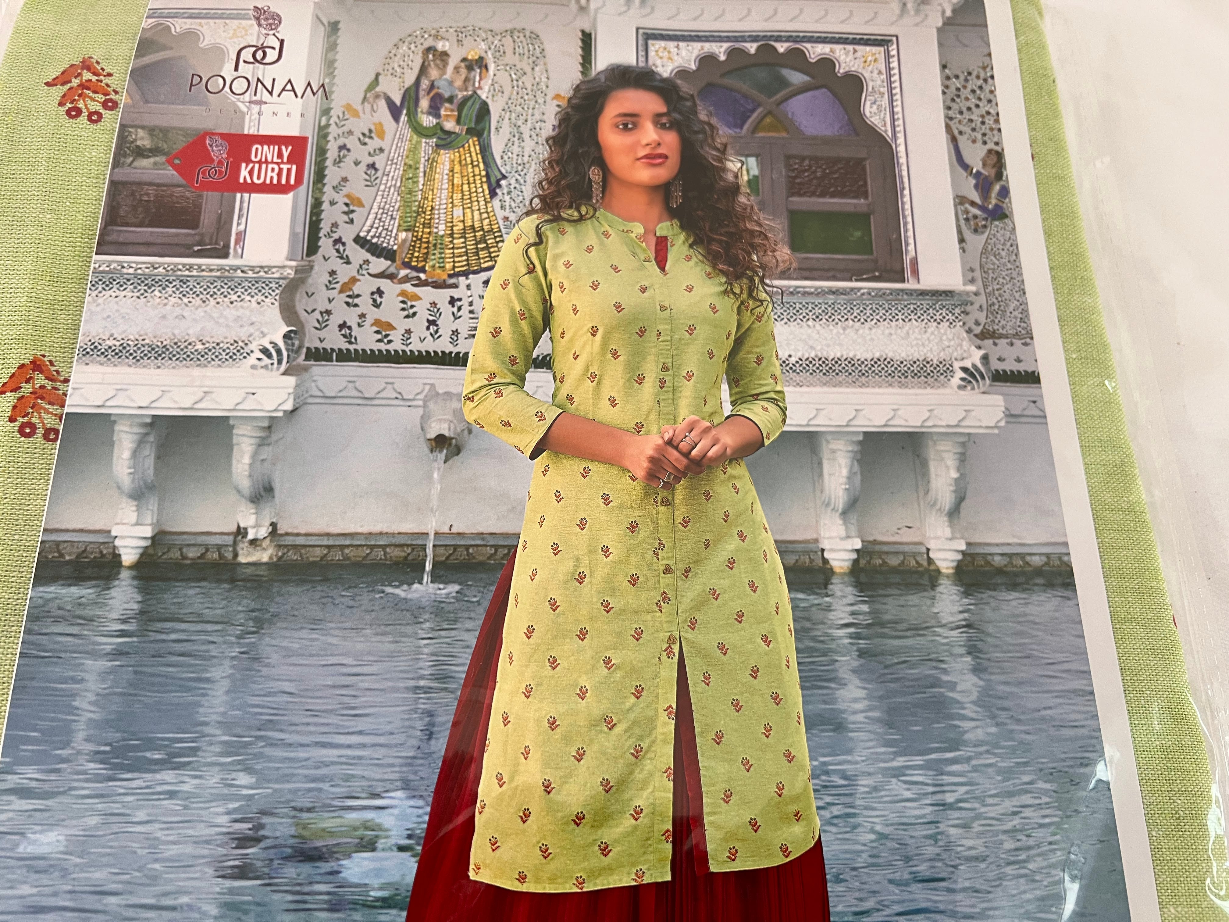 Cotton Printed Tunic Kurti - Straight Style - Knee Length - Green Color Large