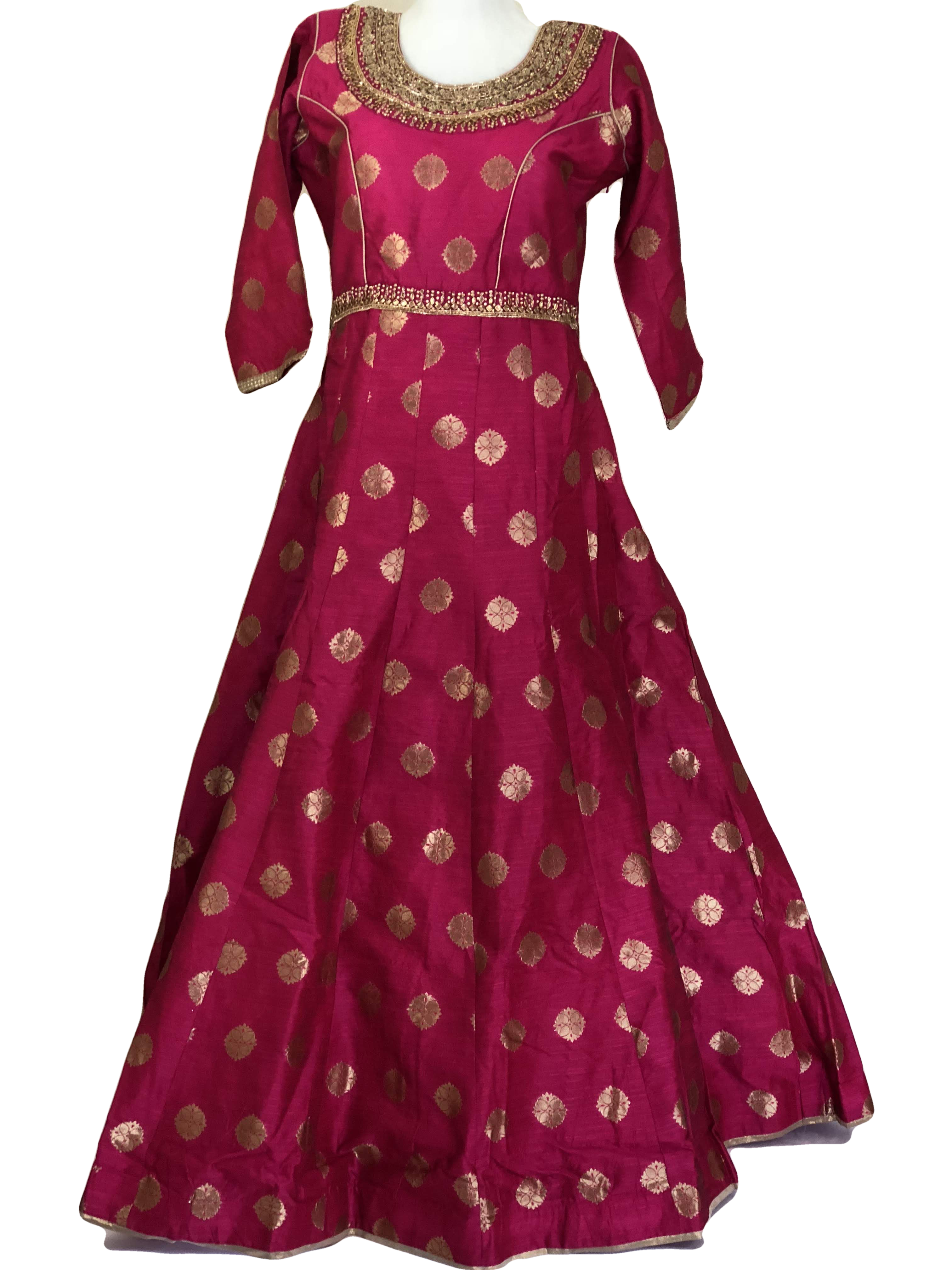 Pink Color - Raw Silk Anarkali Gown Set - Gold Block Print - Small/Medium embroidered neckline