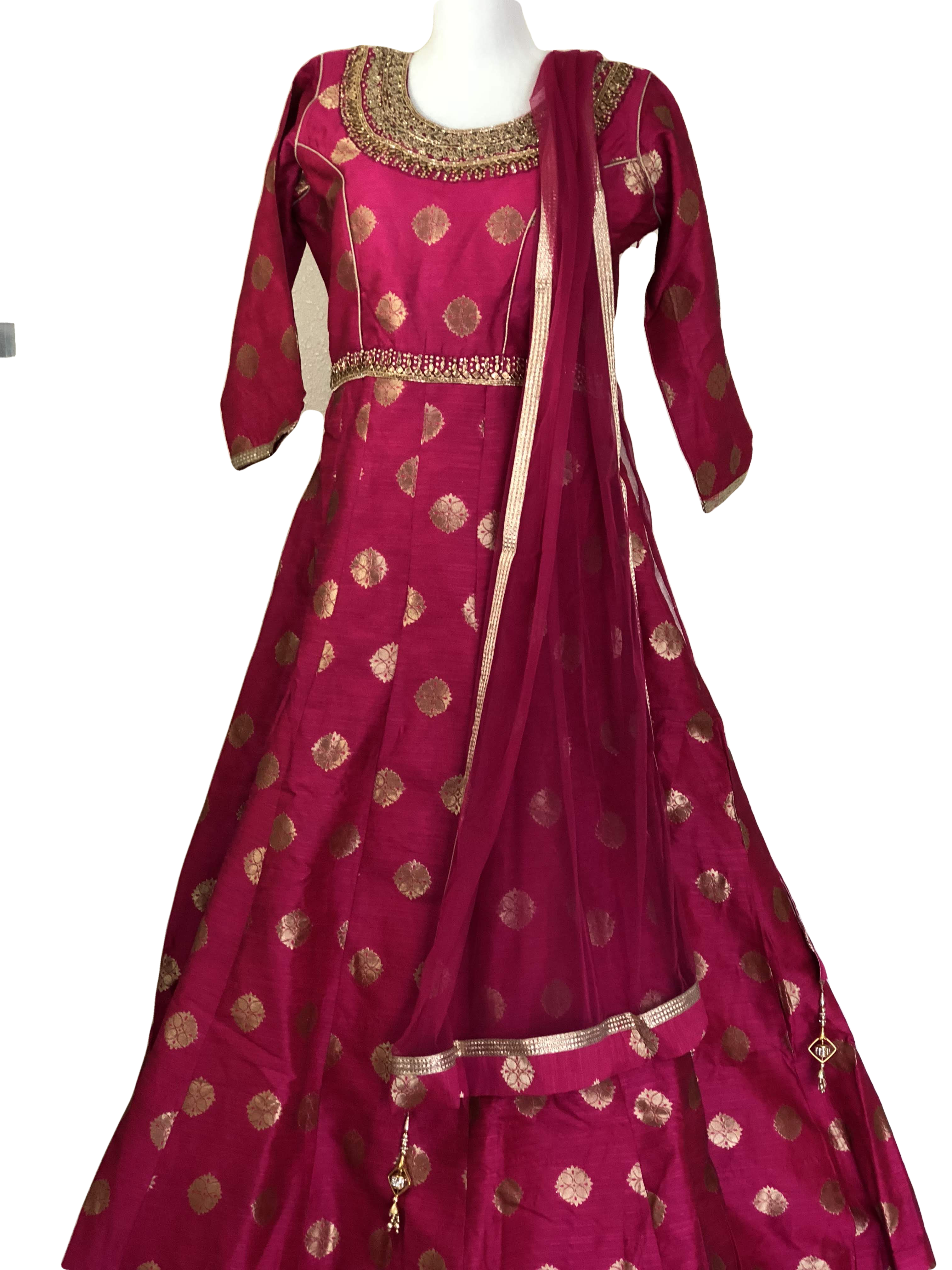 Pink Color - Raw Silk Anarkali Gown Set - Gold Block Print - Small/Medium embroidered neckline