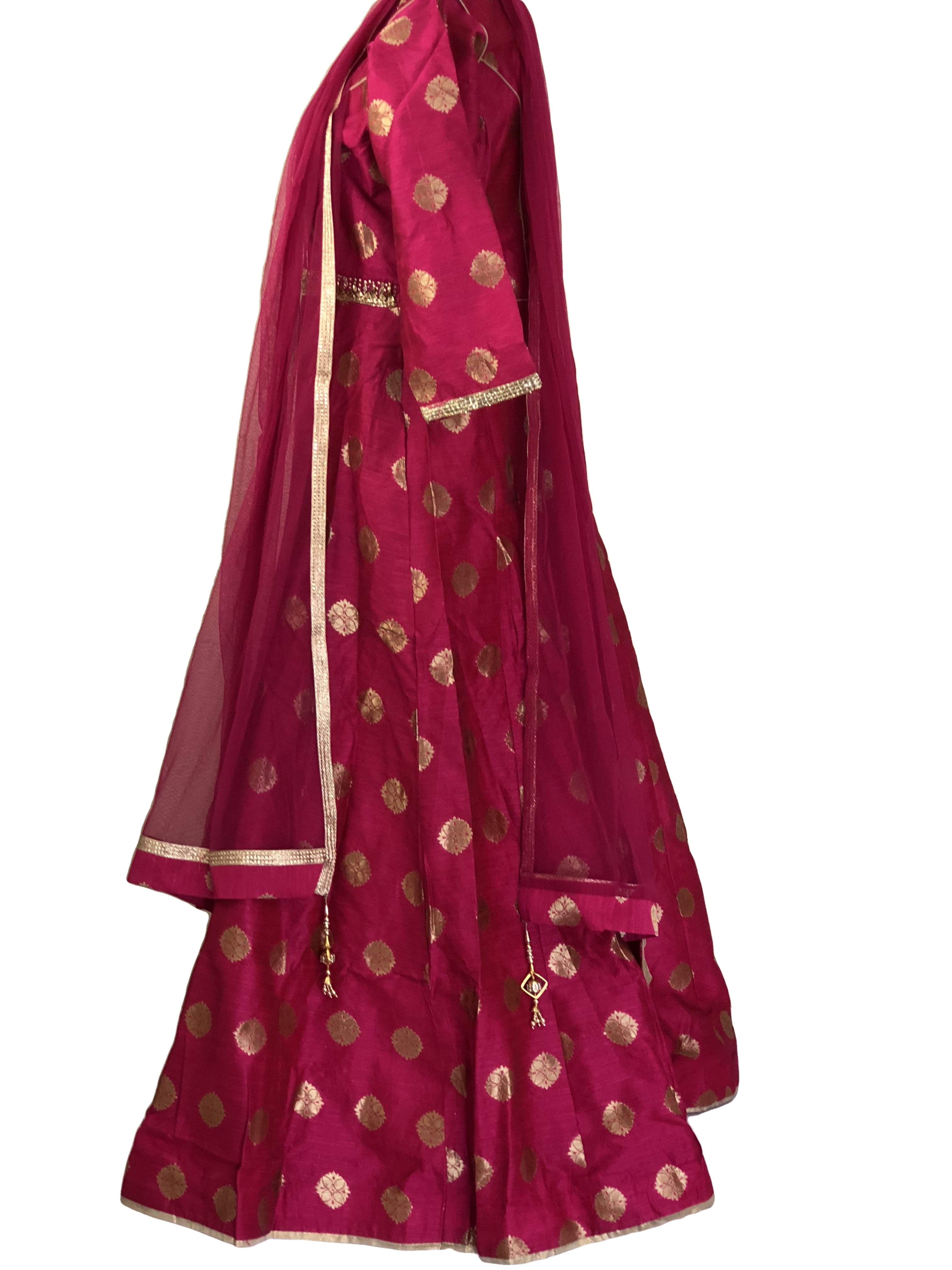Pink Color - Raw Silk Anarkali Gown Set - Gold Block Print - Small/Medium embroidered neckline