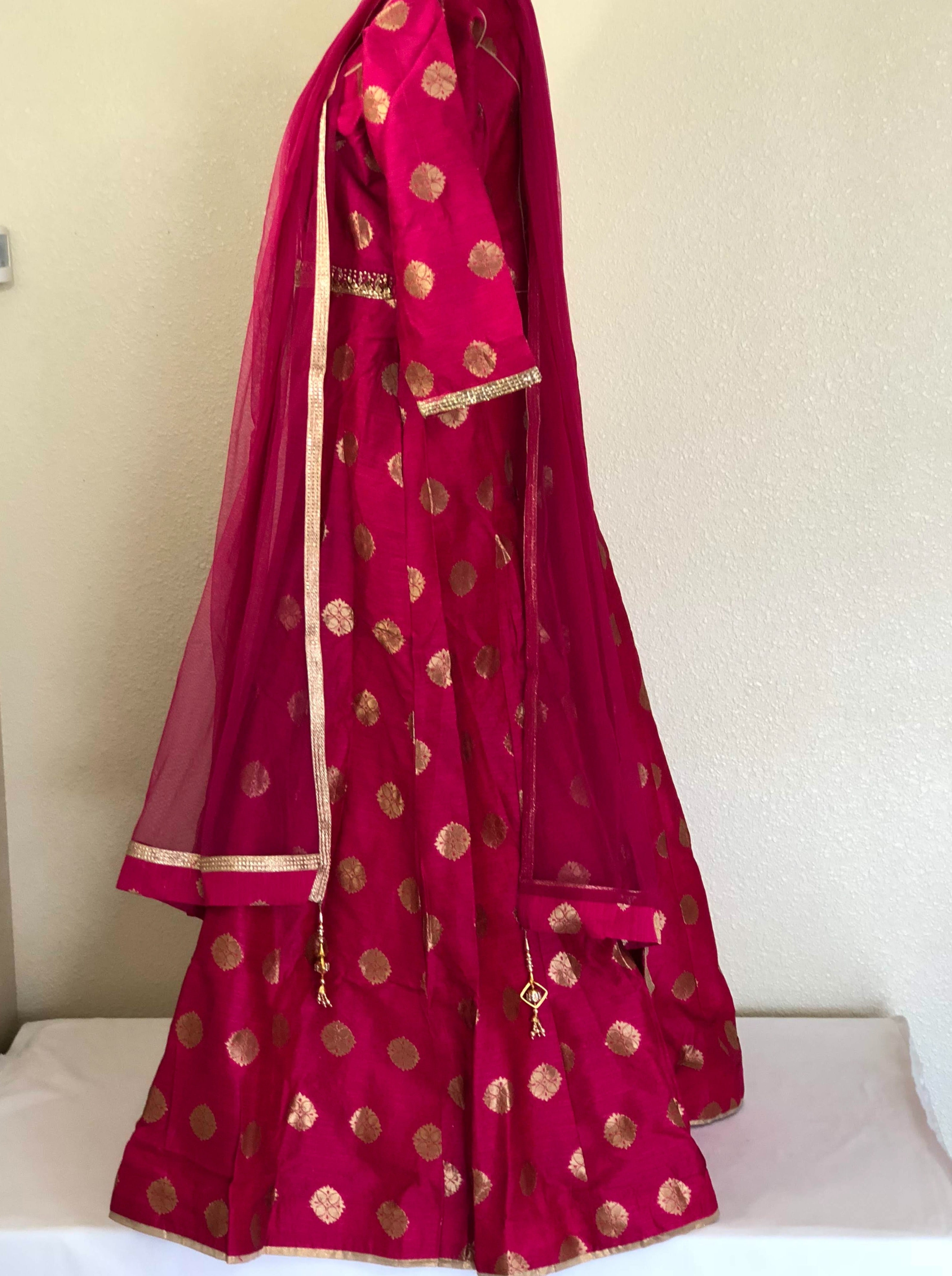 Pink Color - Raw Silk Anarkali Gown Set - Gold Block Print - Small/Medium embroidered neckline