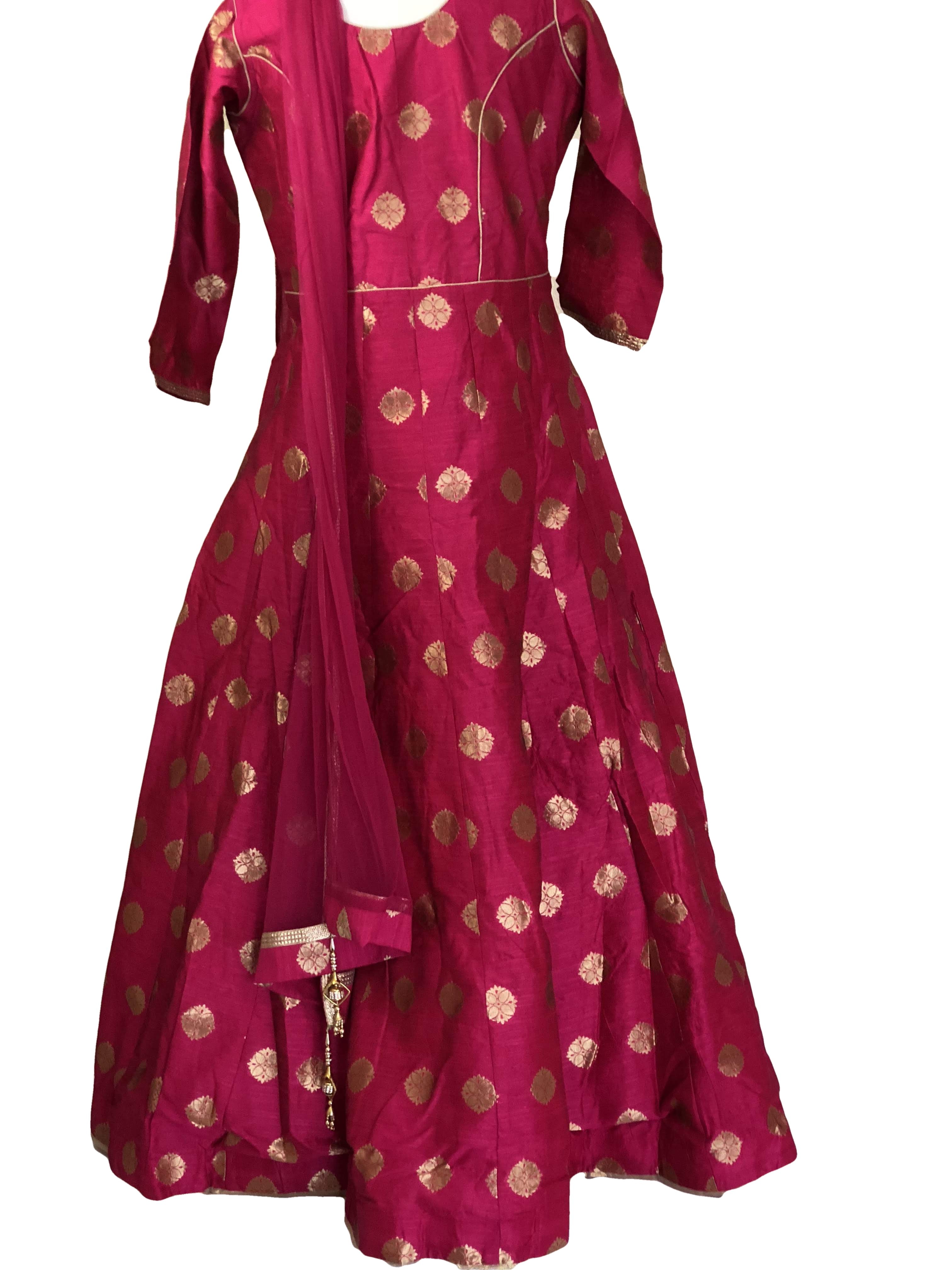 Pink Color - Raw Silk Anarkali Gown Set - Gold Block Print - Small/Medium embroidered neckline