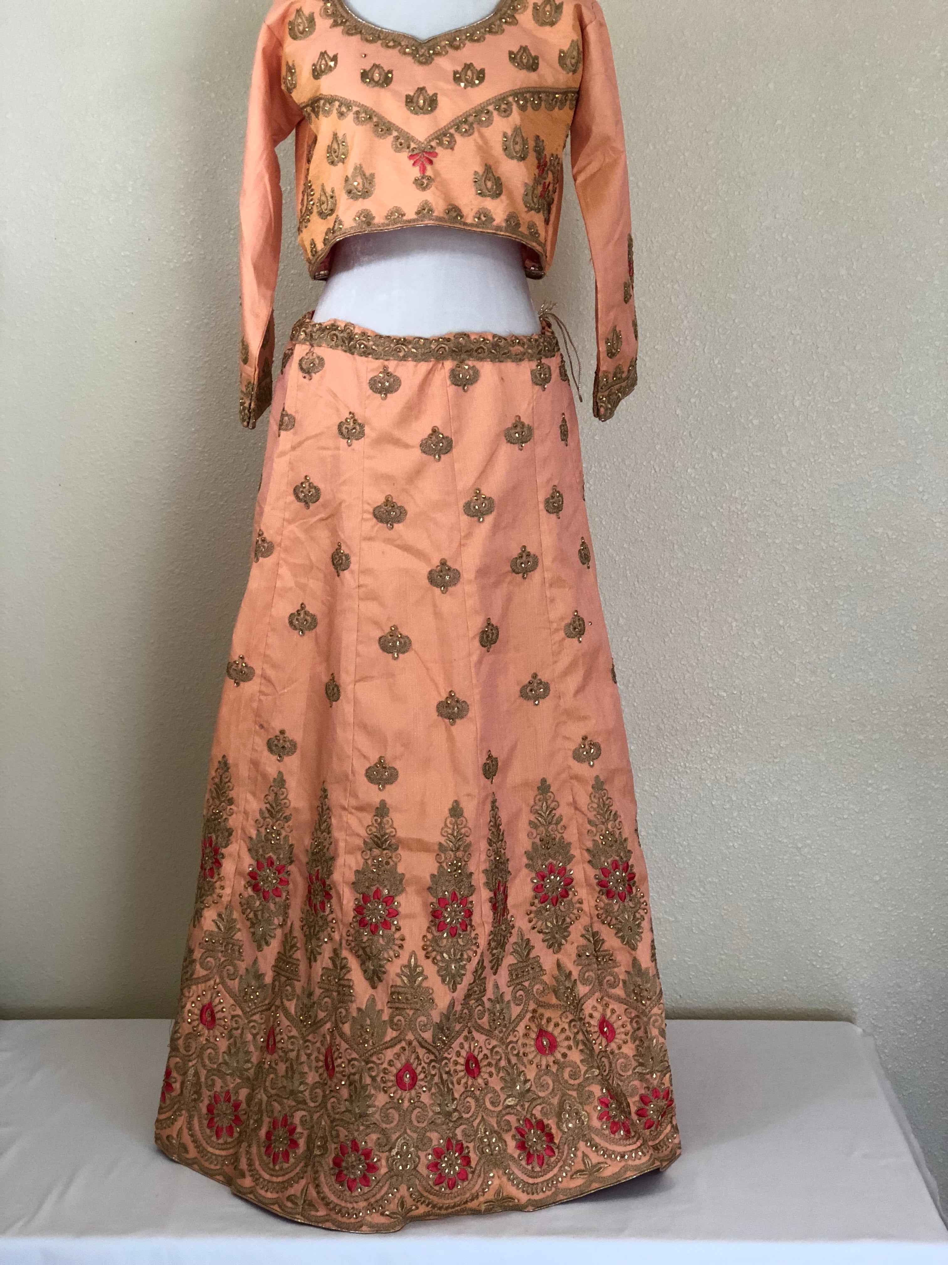 Peach Color - Raw Silk, Jewel Studded, Embroidered - Lehenga Choli Set
