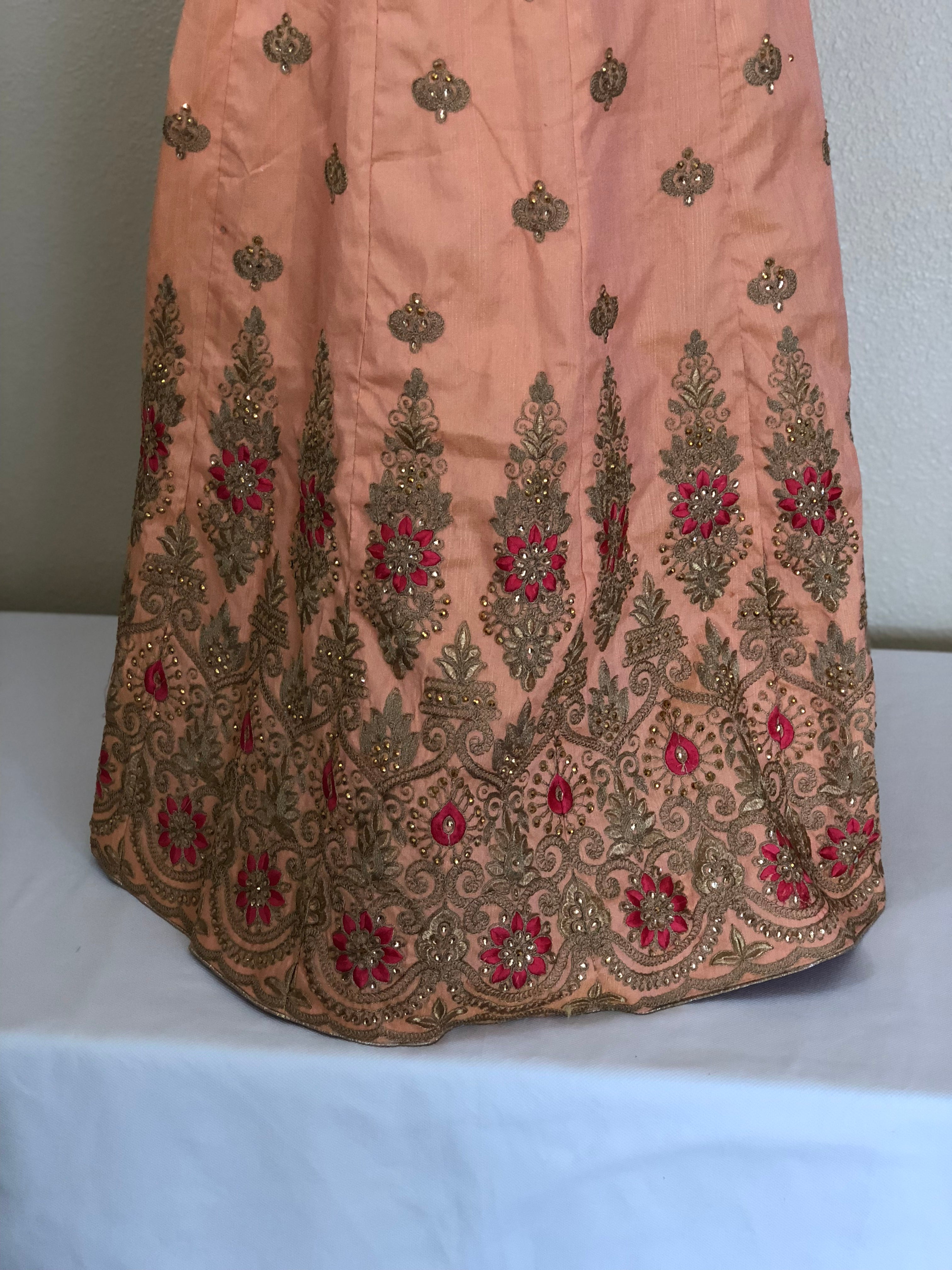 Peach Color - Raw Silk, Jewel Studded, Embroidered - Lehenga Choli Set