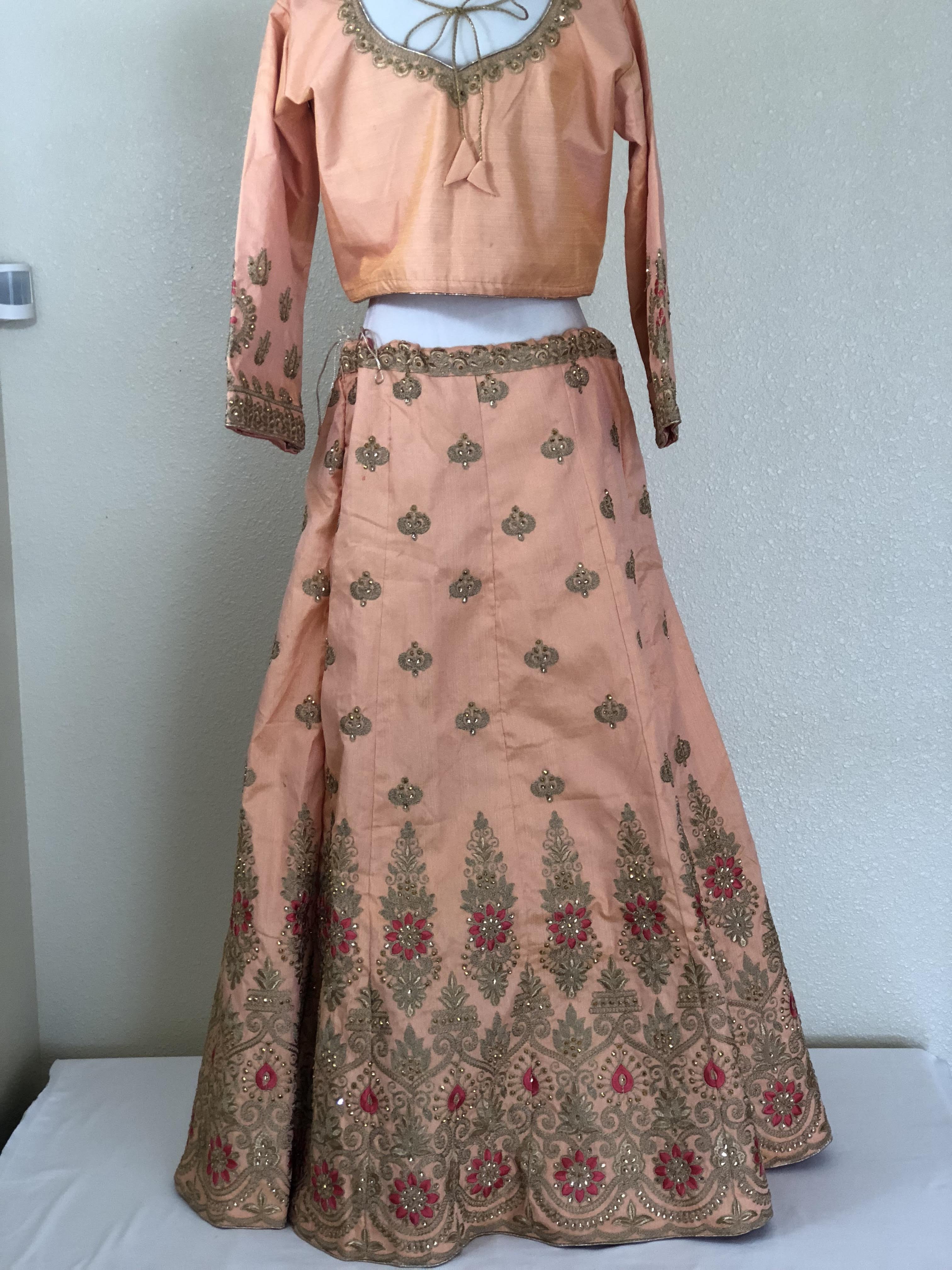 Peach Color - Raw Silk, Jewel Studded, Embroidered - Lehenga Choli Set