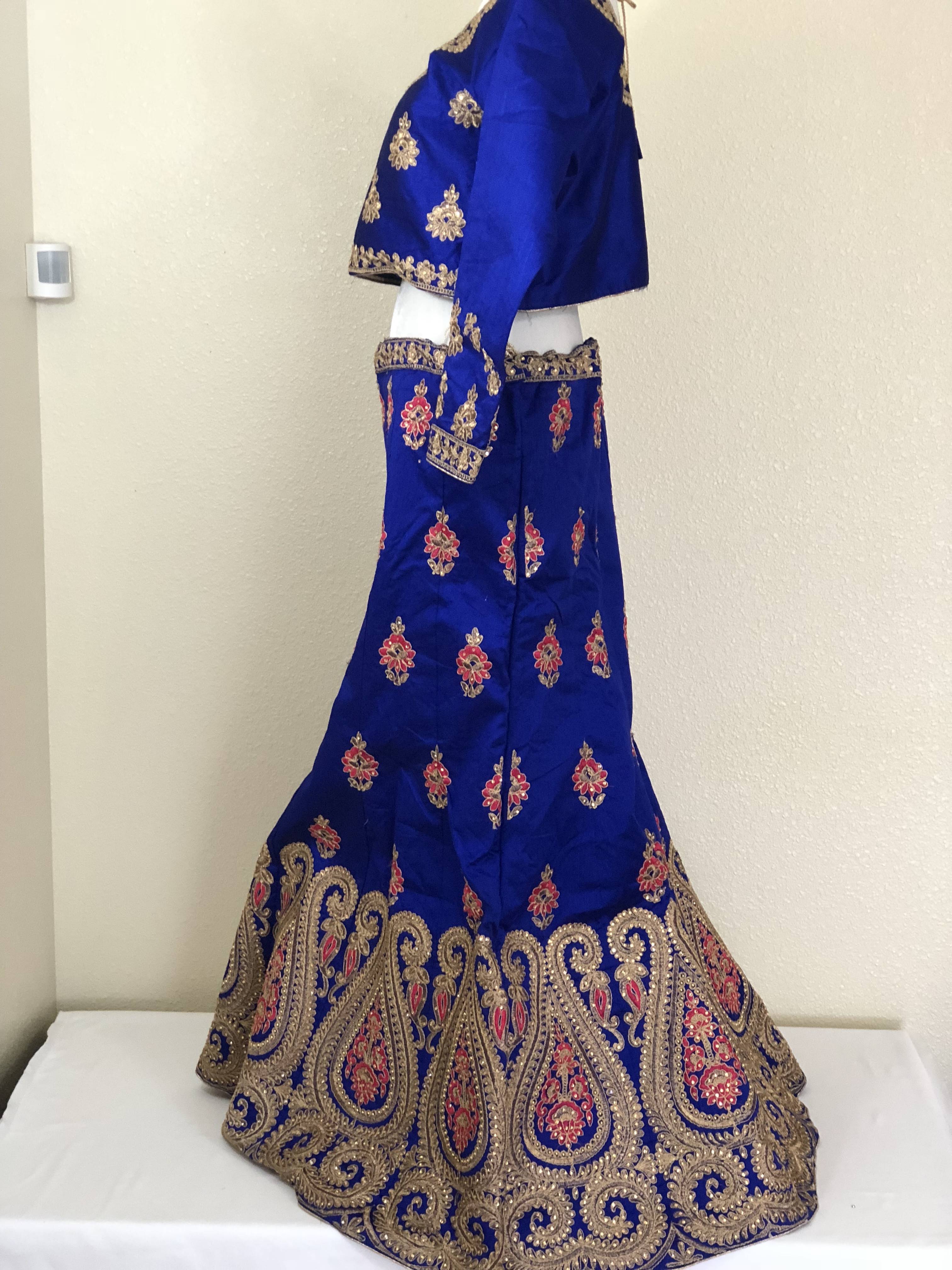 Blue Color - Satin Silk Jewel Studded, Embroidered - Traditional Classic A line Lehenga