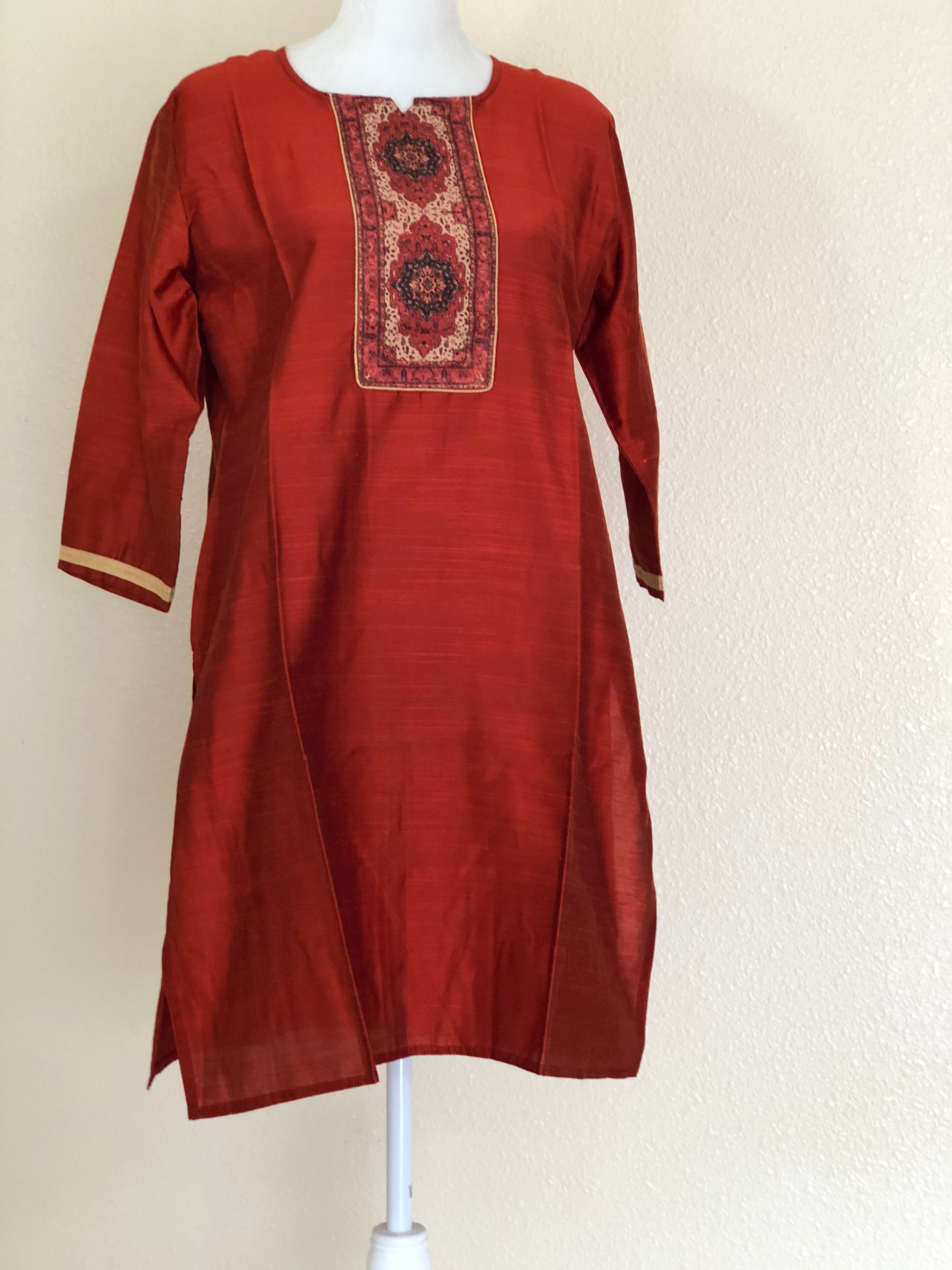 Red Orange Color - Raw Silk Kurti Size Small/Medium - 30/32, Junior size. Big Girls size - 18 plus