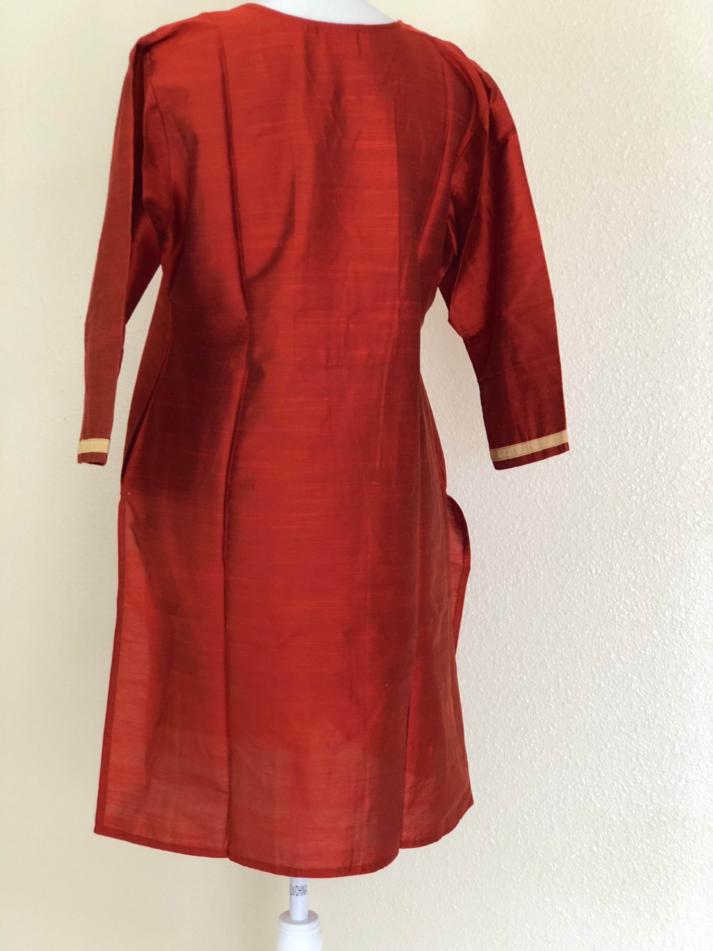 Red Orange Color - Raw Silk Kurti Size Small/Medium - 30/32, Junior size. Big Girls size - 18 plus