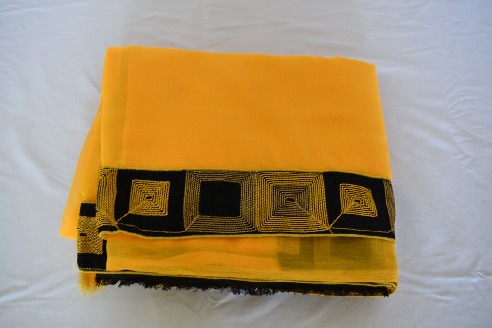Yellow Color - Marble Chiffon Saree - Silk Thread Embroidery