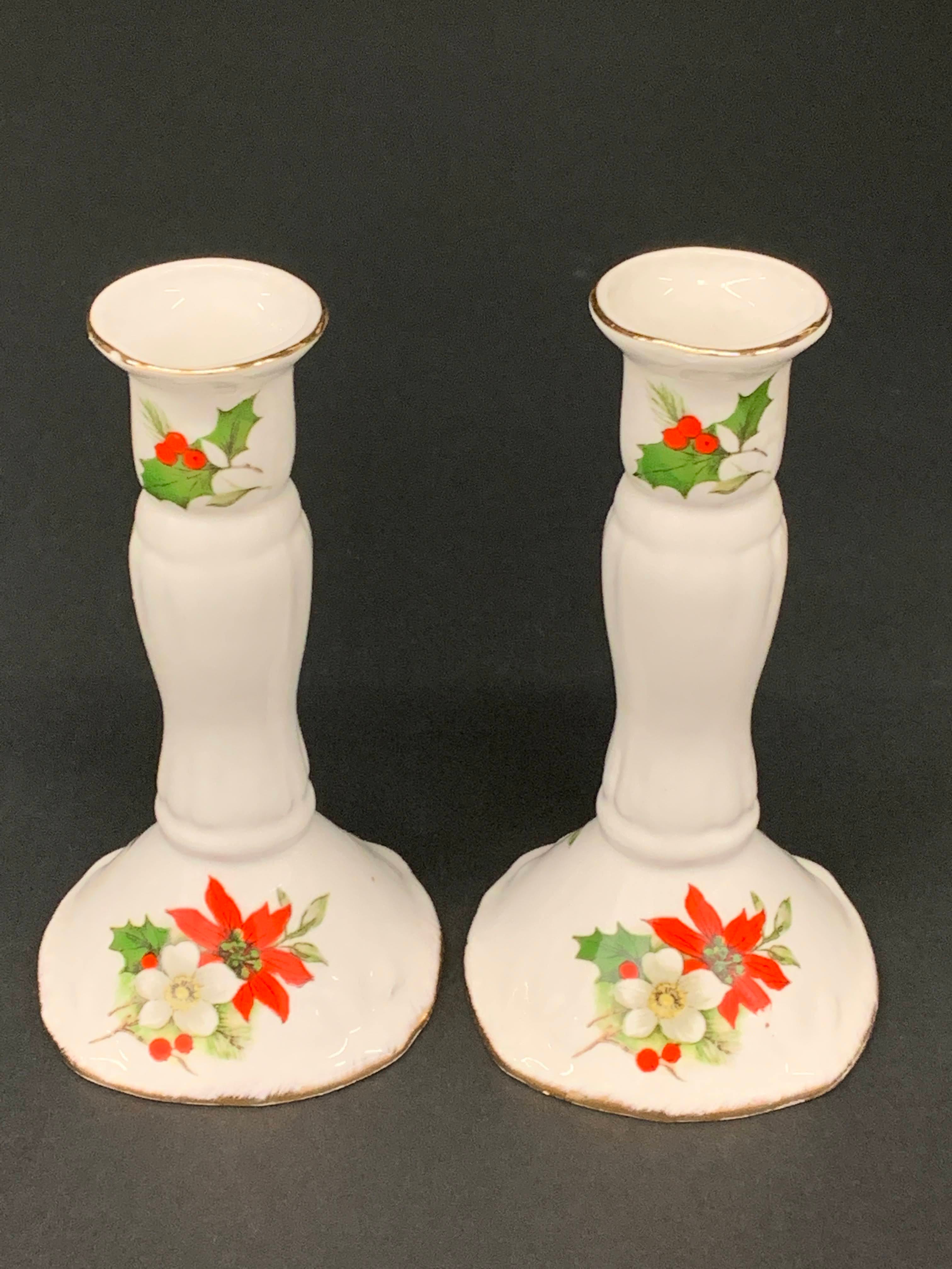 Holiday Holly Pattern - Mid Century Gold Trim Porcelain Fine China - Candle Holders- 2 piece set