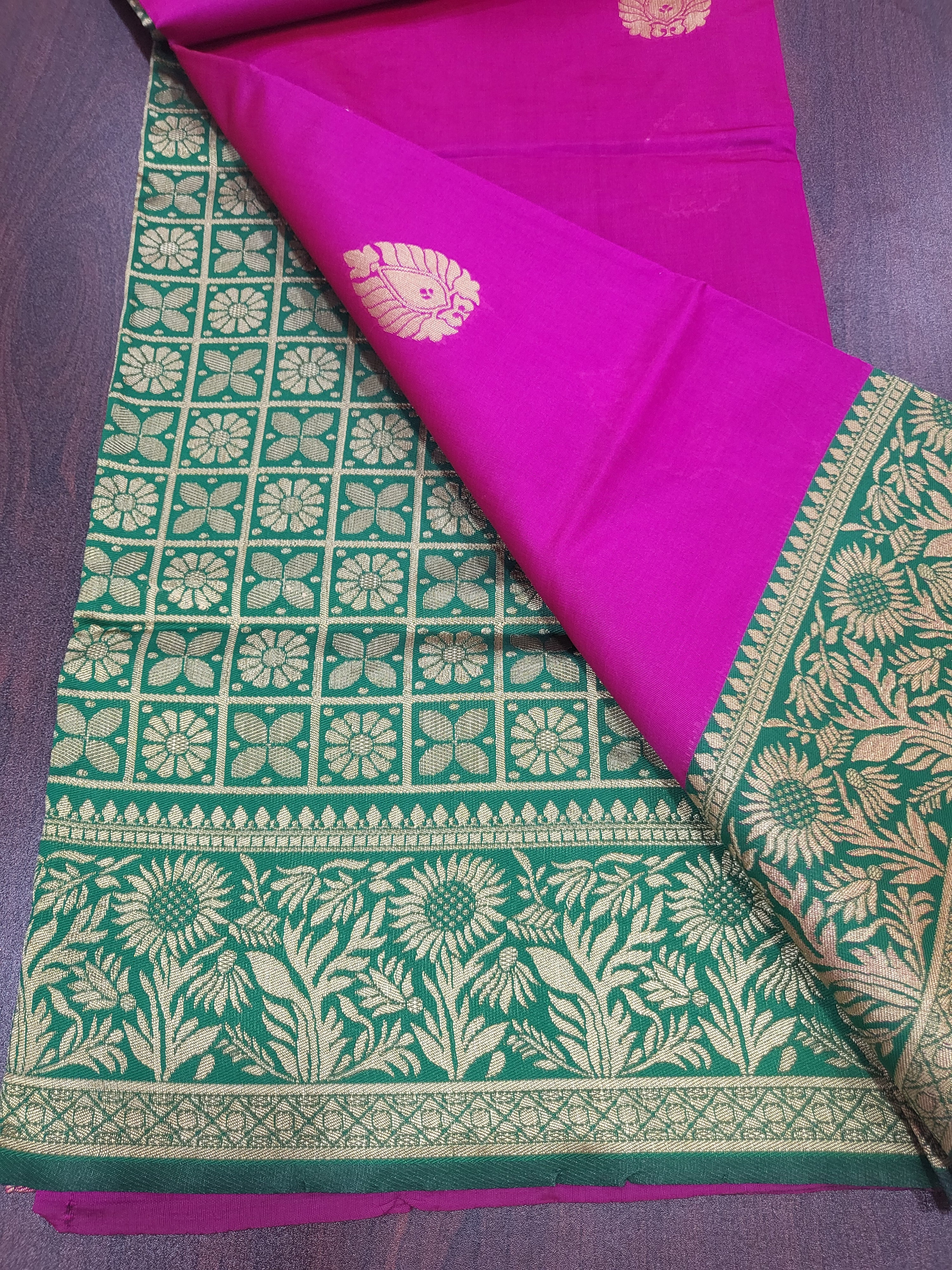 Silk Blend Saree - Silk Zari Thread - Small Motif Butta pattern Gold silk Zari Border