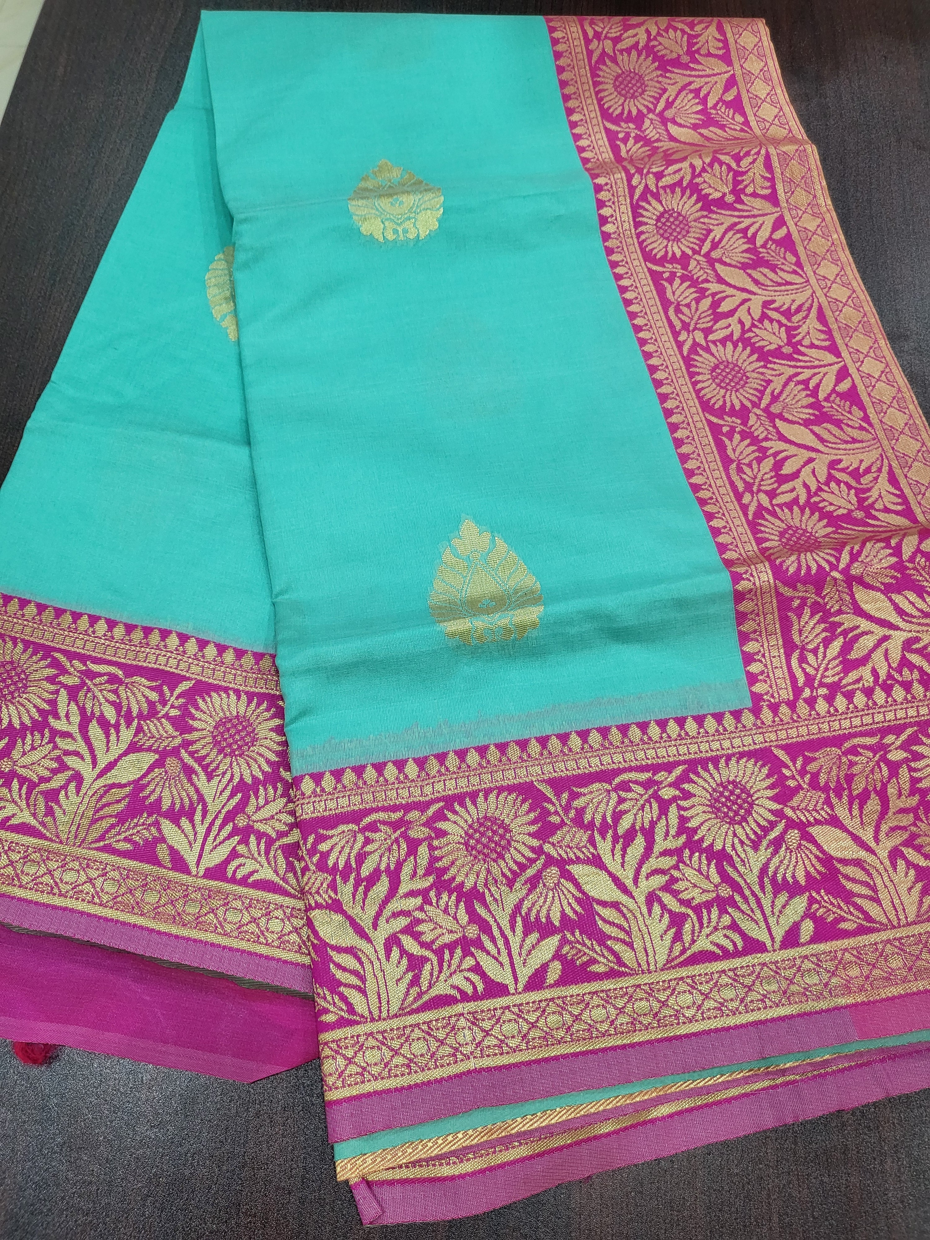 Silk Blend Saree - Silk Zari Thread - Small Motif Butta pattern Gold silk Zari Border