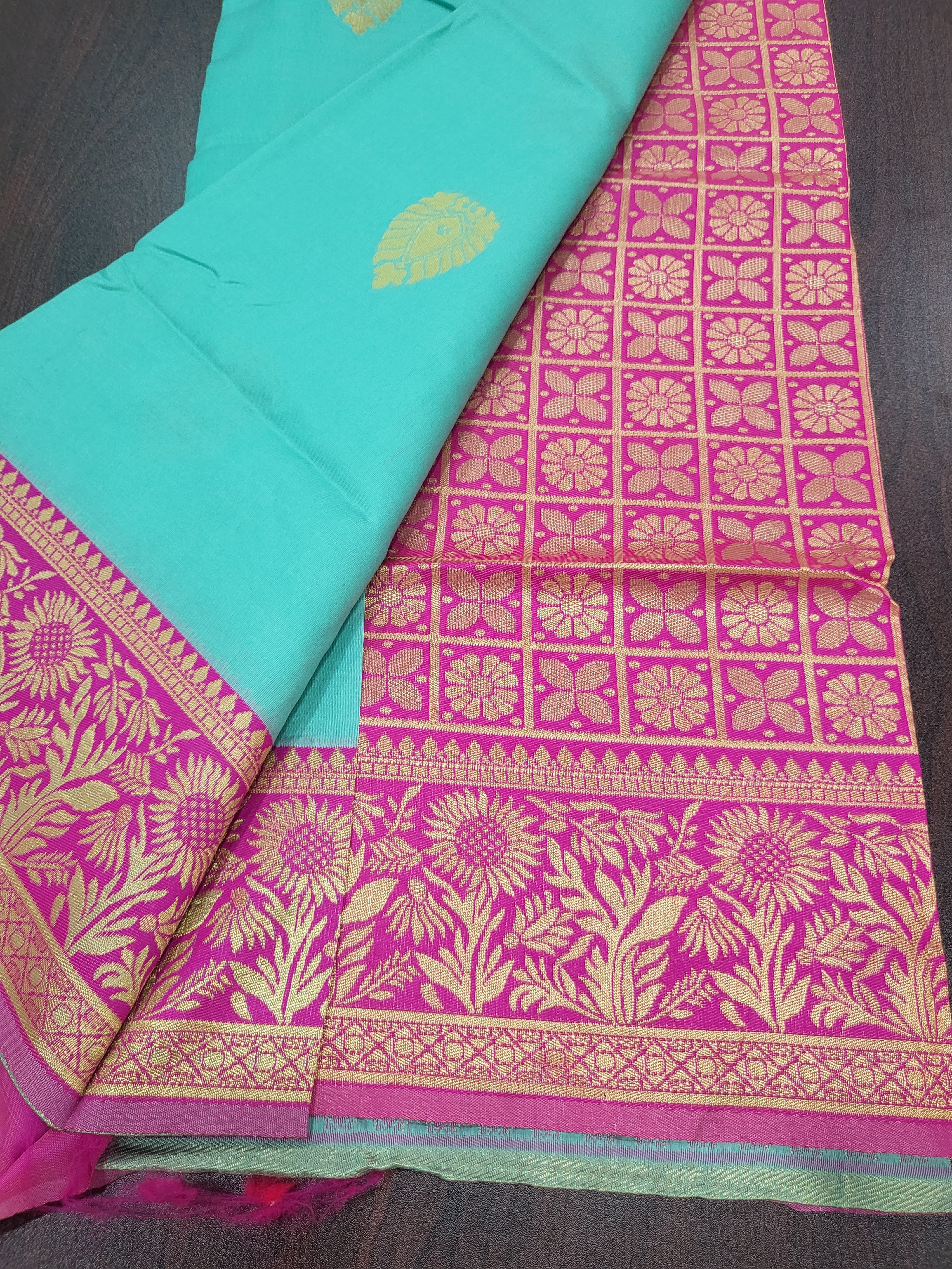 Silk Blend Saree - Silk Zari Thread - Small Motif Butta pattern Gold silk Zari Border