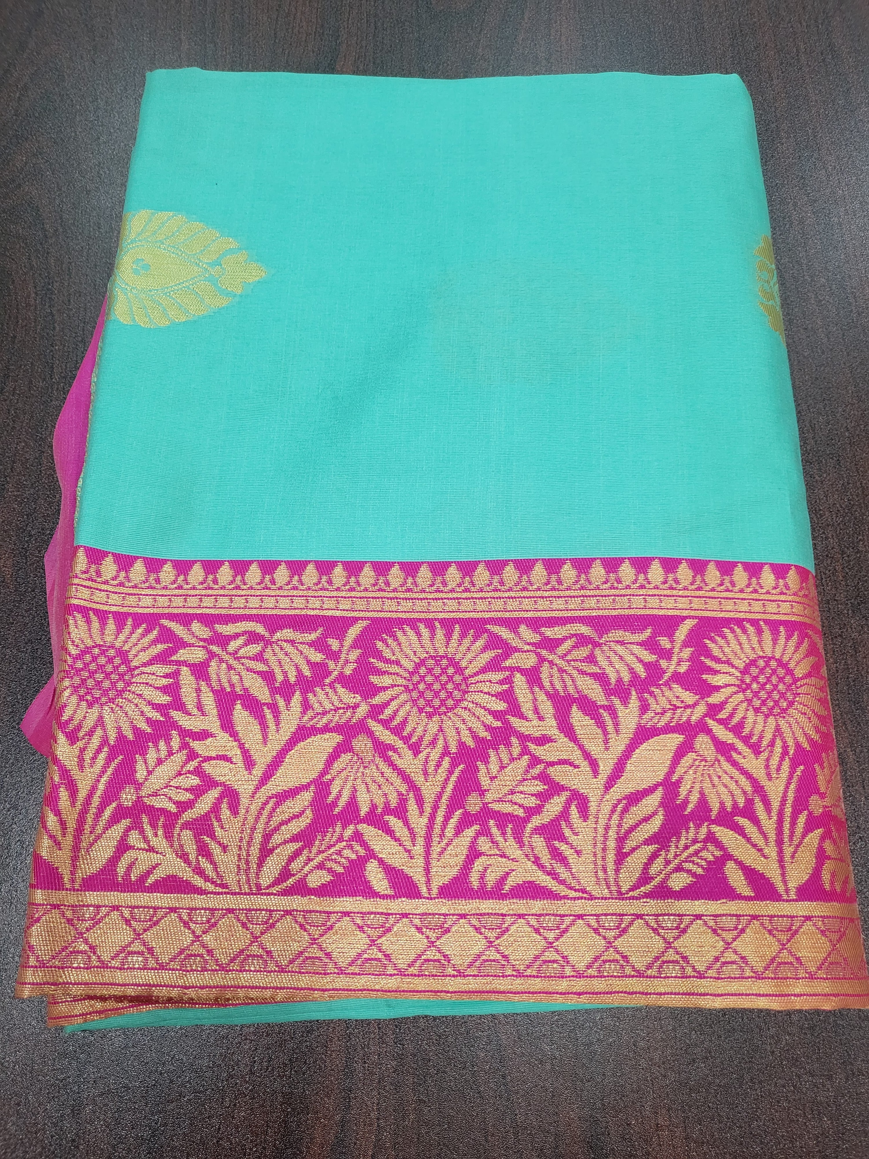 Silk Blend Saree - Silk Zari Thread - Small Motif Butta pattern Gold silk Zari Border