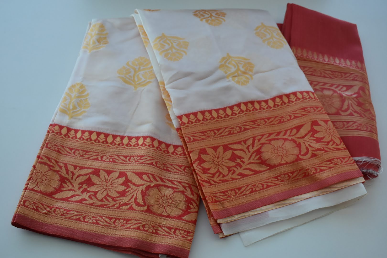 White Red Color- Soft Silk Blend Saree - Contrast Red Border - Yellow thread Floral Design