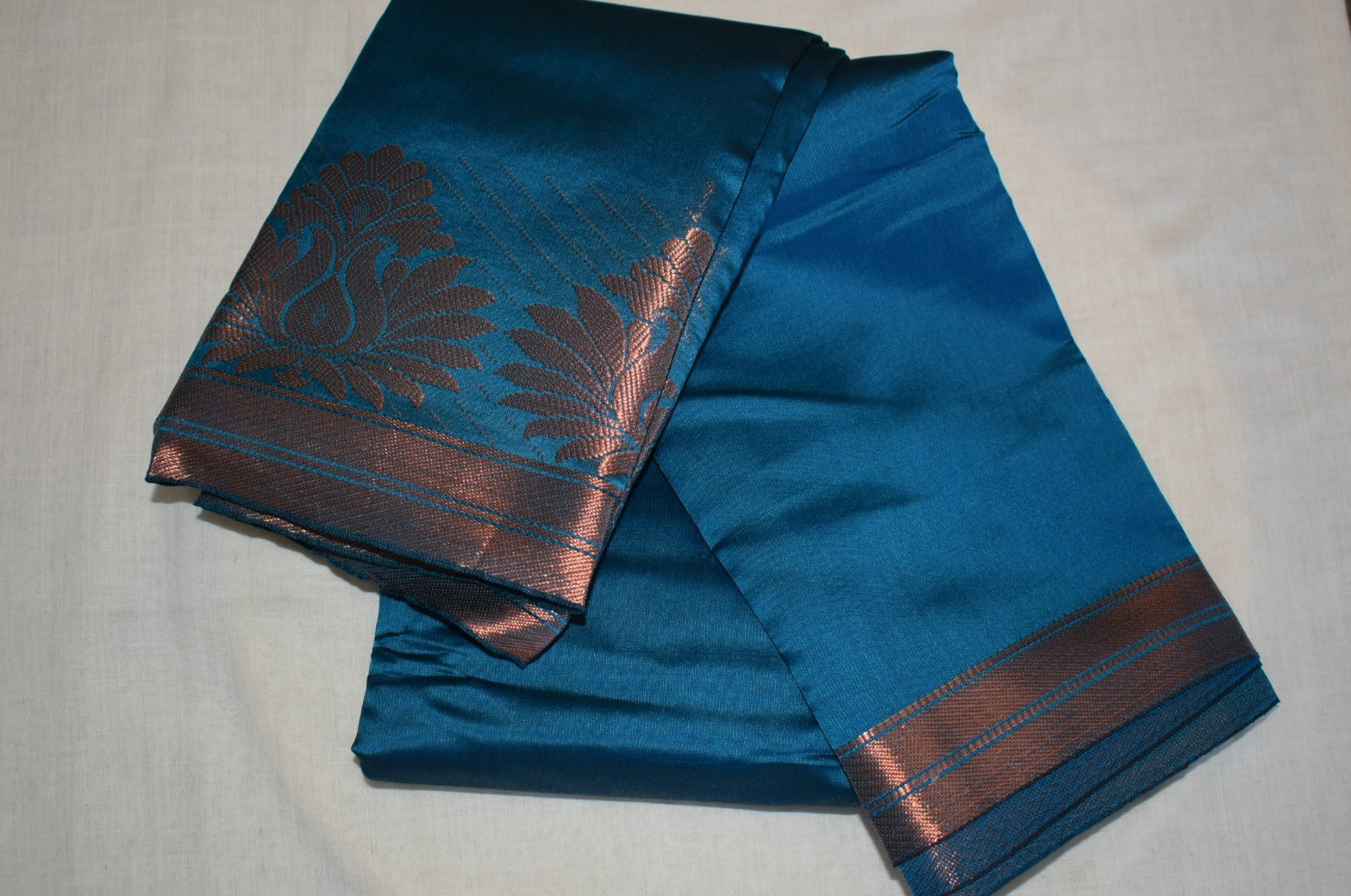 Blue Color - Semi South Silk Saree with Copper/ Rose Gold Zari Silk Thread border