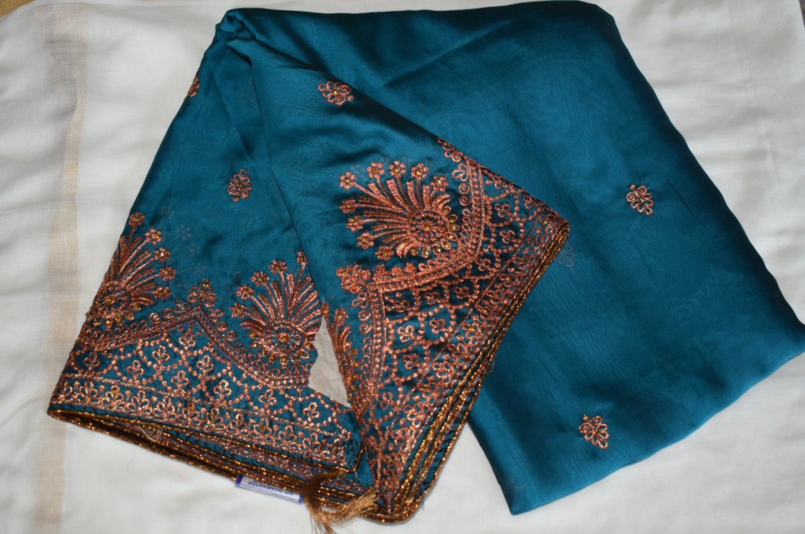 Blue Color - Georgette Silk Saree - Copper/ Rose Gold Resham Embroidered