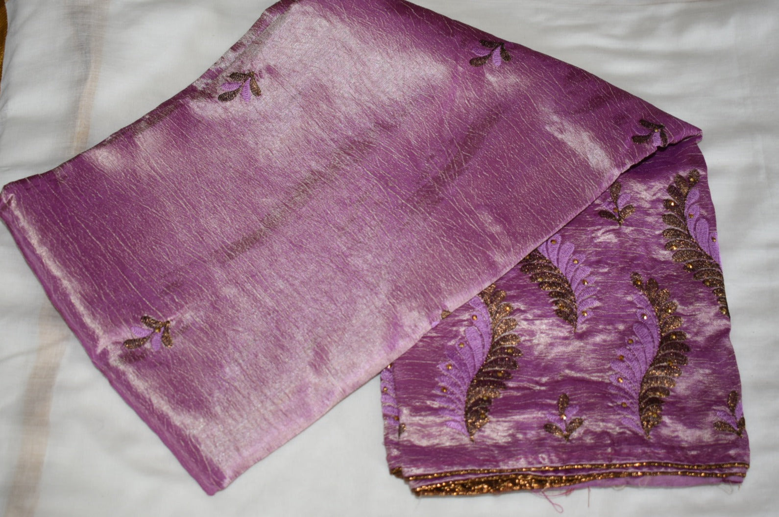 Lilac Purple Semi Silk saree Soft Fabric with dark gold Resham Embroidery