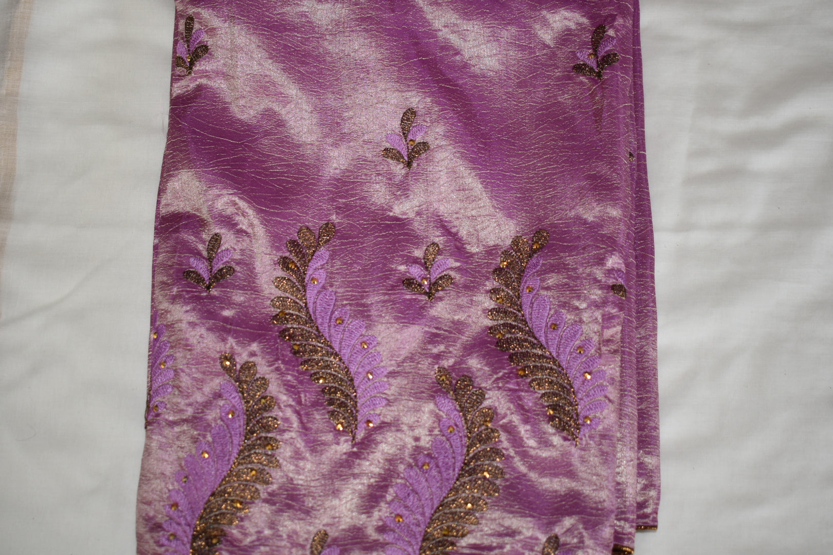 Lilac Purple Semi Silk saree Soft Fabric with dark gold Resham Embroidery