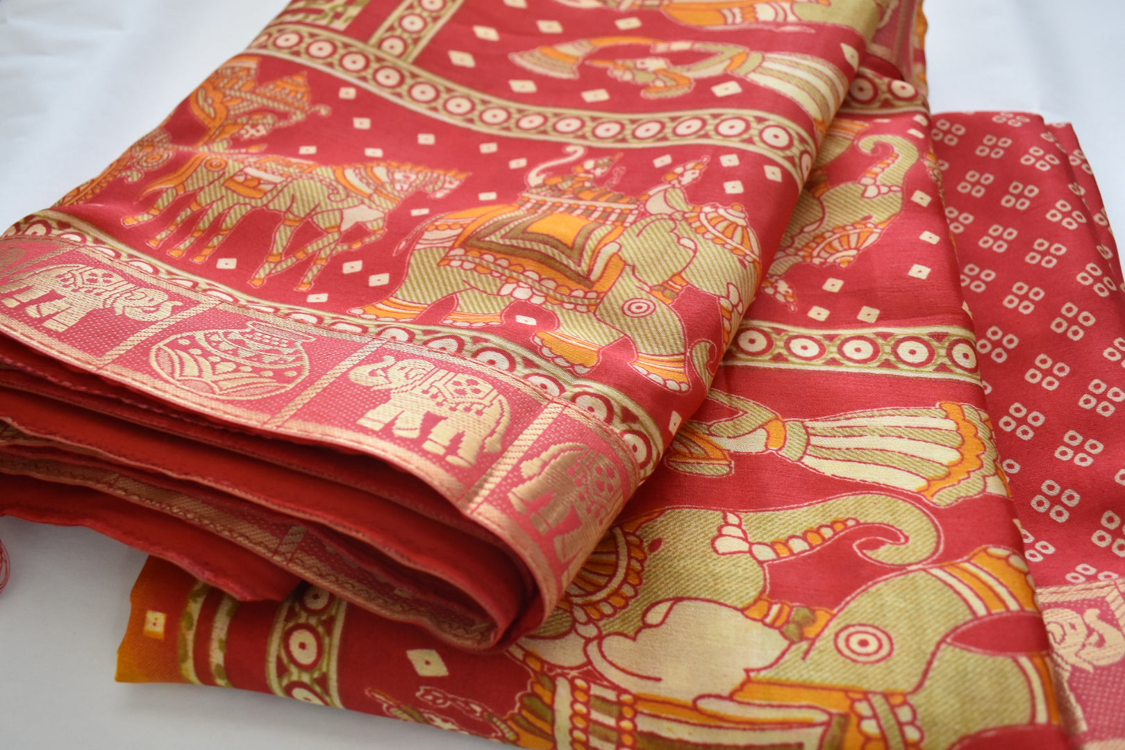 Yellow Red Color - Silk Georgette Saree - Silk Lace Border - Wedding Bharat Pattern