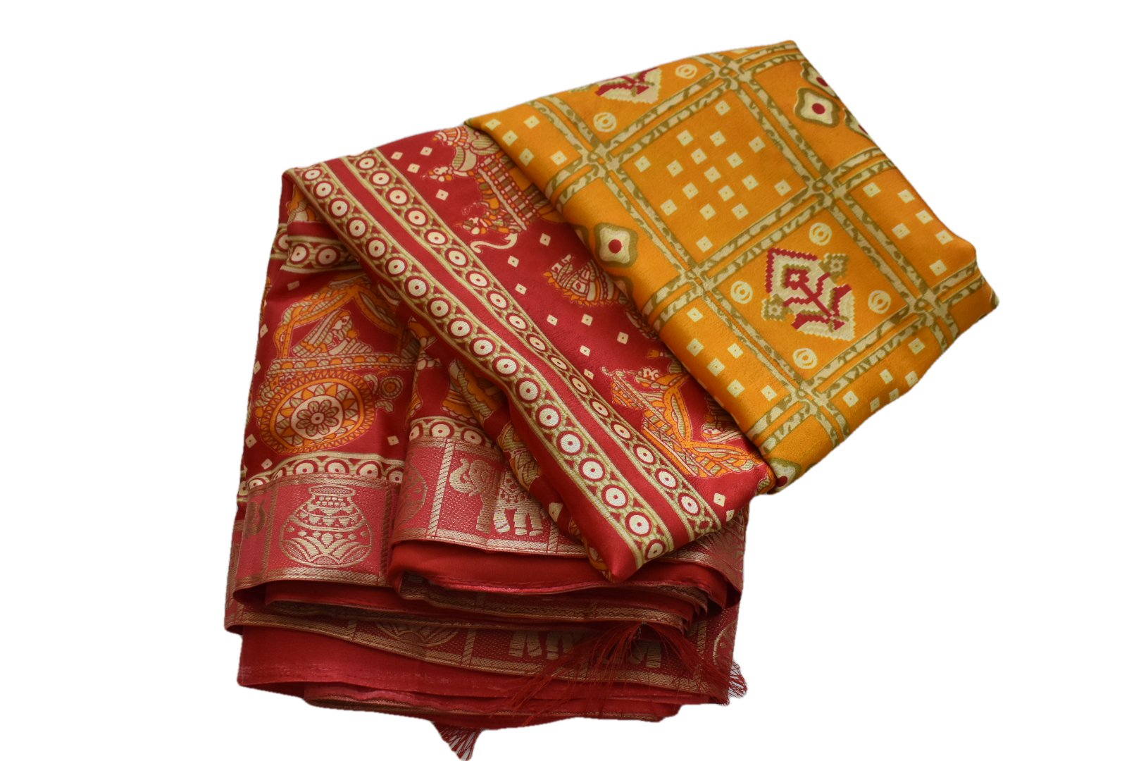 Yellow Red Color - Silk Georgette Saree - Silk Lace Border - Wedding Bharat Pattern