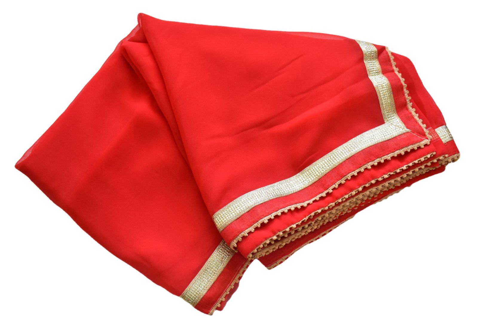 Red Color - Chiffon Saree - Thin Gold Lace