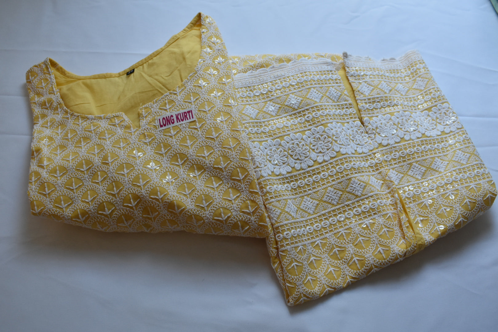 Light Yellow Color - Poly Cotton Chicken work and Sequin work Kurti - Size Small/Medium - 30/32 Junior size. Big Girls size - 18 plus