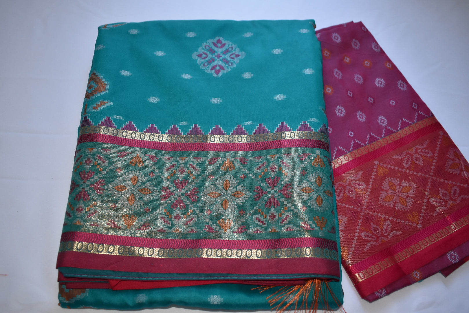 Blue Color - Silk Patola Saree - Silk Zari Border - Thread Floral Pattern - Pink Contrast Border