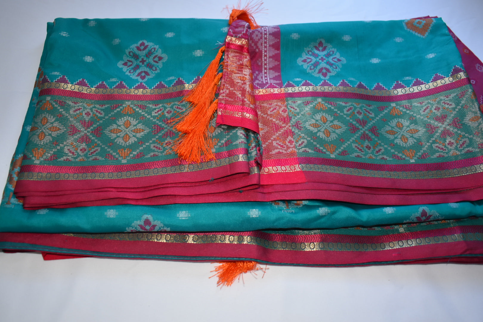 Patola Paithani Silk Saree Blue Color - Silk Zari Border - Thread Floral Pattern - Pink Contrast Border