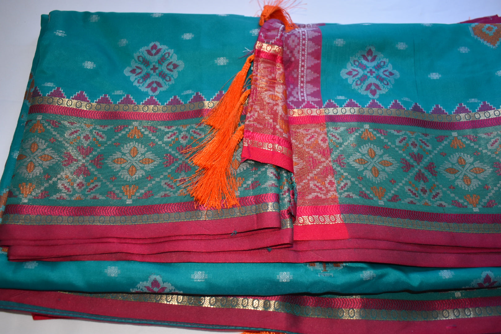 Patola Paithani Silk Saree Blue Color - Silk Zari Border - Thread Floral Pattern - Pink Contrast Border